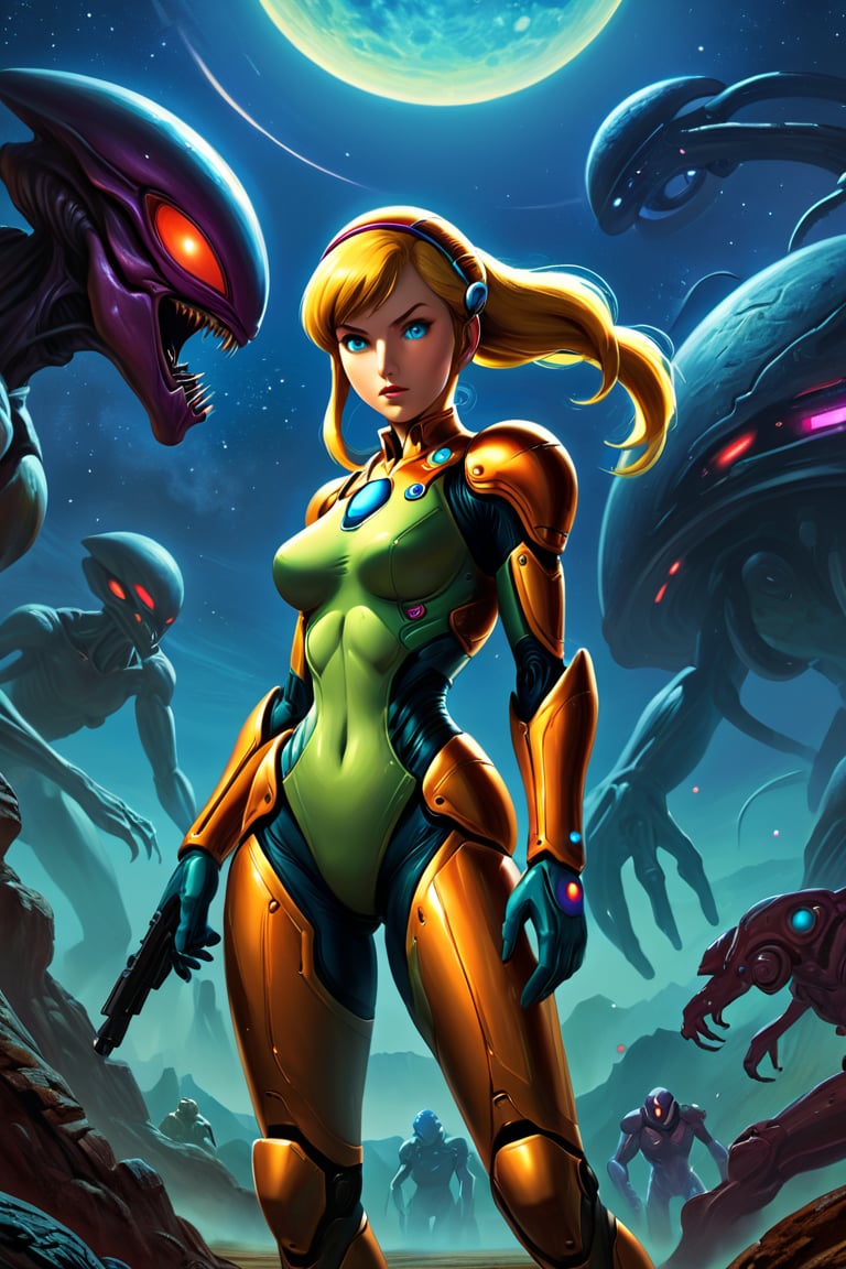  8k uhd, 1girl, perfect skin, detailed clothes, perfect eyes, (masterpiece, best quality, ultra detailed, absurdres)1.5, very detailed, depth of fields, ultra high res, High quality texture, High quality shadows, vivid colors,night, sky, stars, alien planet, pulp-sf, Samus Aran, "The Woman of Zebes",samus aran,pulp art, aliens, 