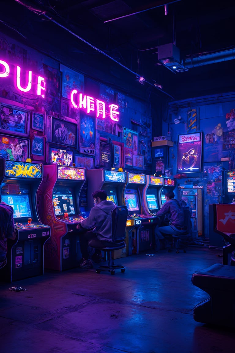  8k uhd,A well-lit arcade room, neon lights, people playing, there is an Outrun arcade, walls decorated with posters of games like Street Fighter, very colorful, arcade machines perfectly aligned.,noc-futuristic,neon_glow