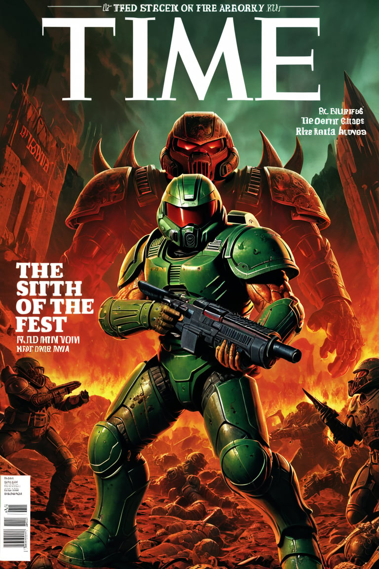 time magazine, 1boy, armor,doomguy, helmet, hell background, demons dead at the feet of the doomguy