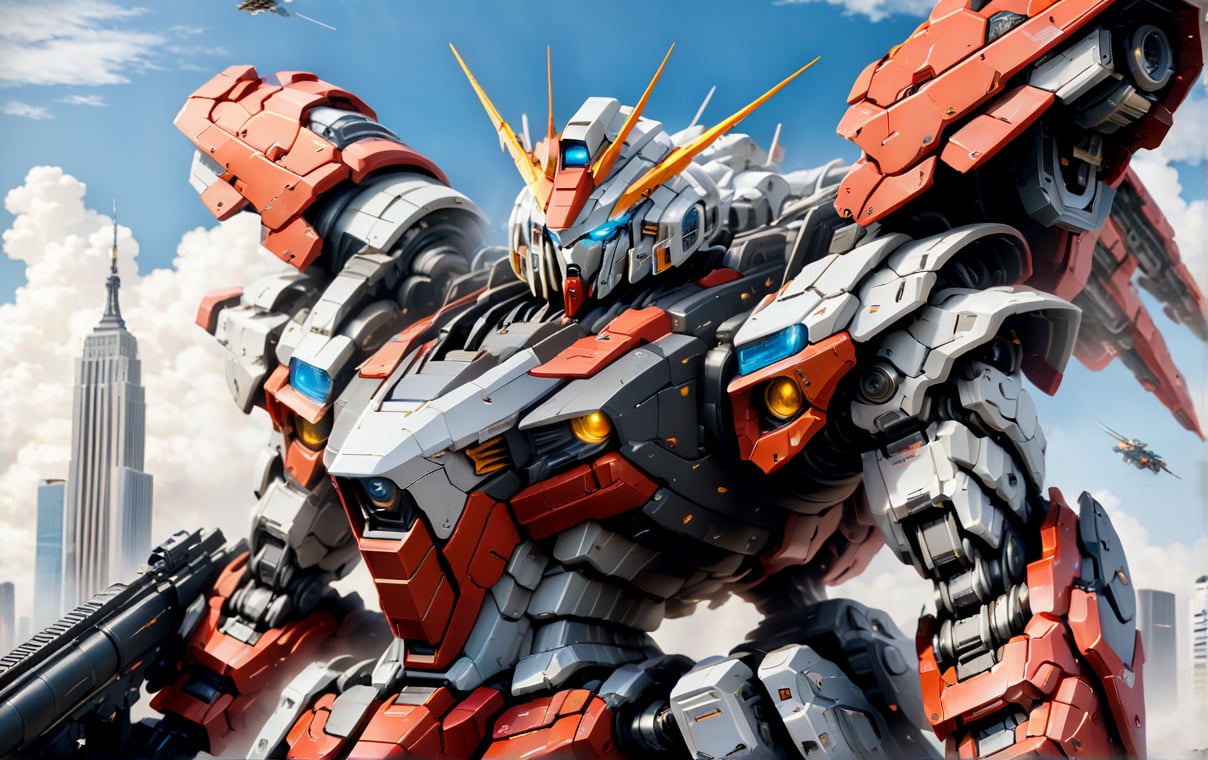 (gundam), (RRS:1.5),  (HRS:1.5), best quality, masterpiece, highly detailed, ultra-detailed,(blue sky:1.1), cloud, holding weapon, a (((mecha))) with sleek and menacing design, (mecha armor:1.5),glowing ,heroic parts, mechanical parts, (long legs:1.5),robot joints,(huge shield:1.2),(battle-ready:1.2),(powerful stance:1.3),(Detailed eye description:1.2),(huge mechanical weapon:1.3),(detailed armor description:1.2),(detailed shield description:1.2),(detailed weapon description:1.2),(huge mechanical gun:1.2),(holding gun and weapon :1.3) BREAK building, glowing_eyes, science_fiction, city, realistic,