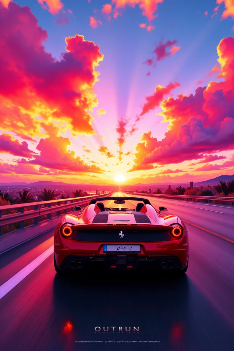  8k uhd, 4K, highres,high detail eyes, highres, ultra detailed,  Highly detailed,masterpiece, best quality, cinematic lighting, vibrant colors,A convertible Ferrari runs on an endless highway at sunset, the illustration style is 80s synthwave with pastel colors, vibrant colors, title text "OUTRUN" 