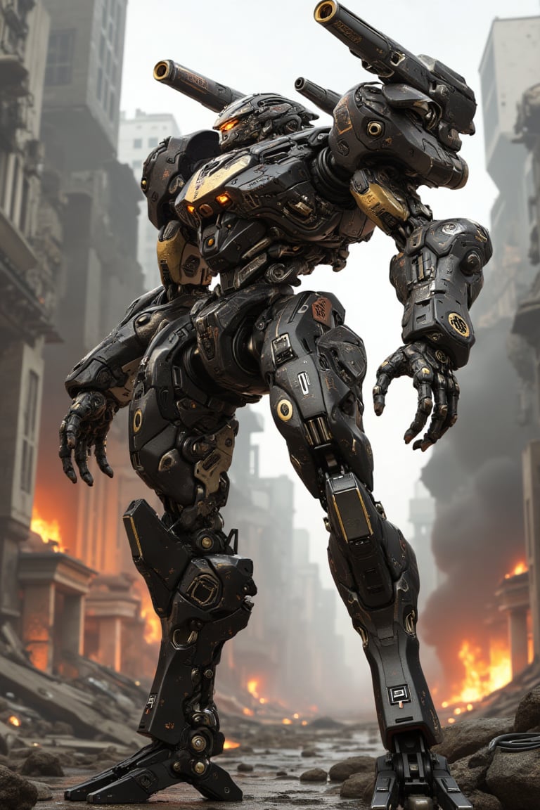 heavy robot Art Deco style metal color,  realistic metallic texture,  it has aerial cannons instead of hands by El Pollo L...