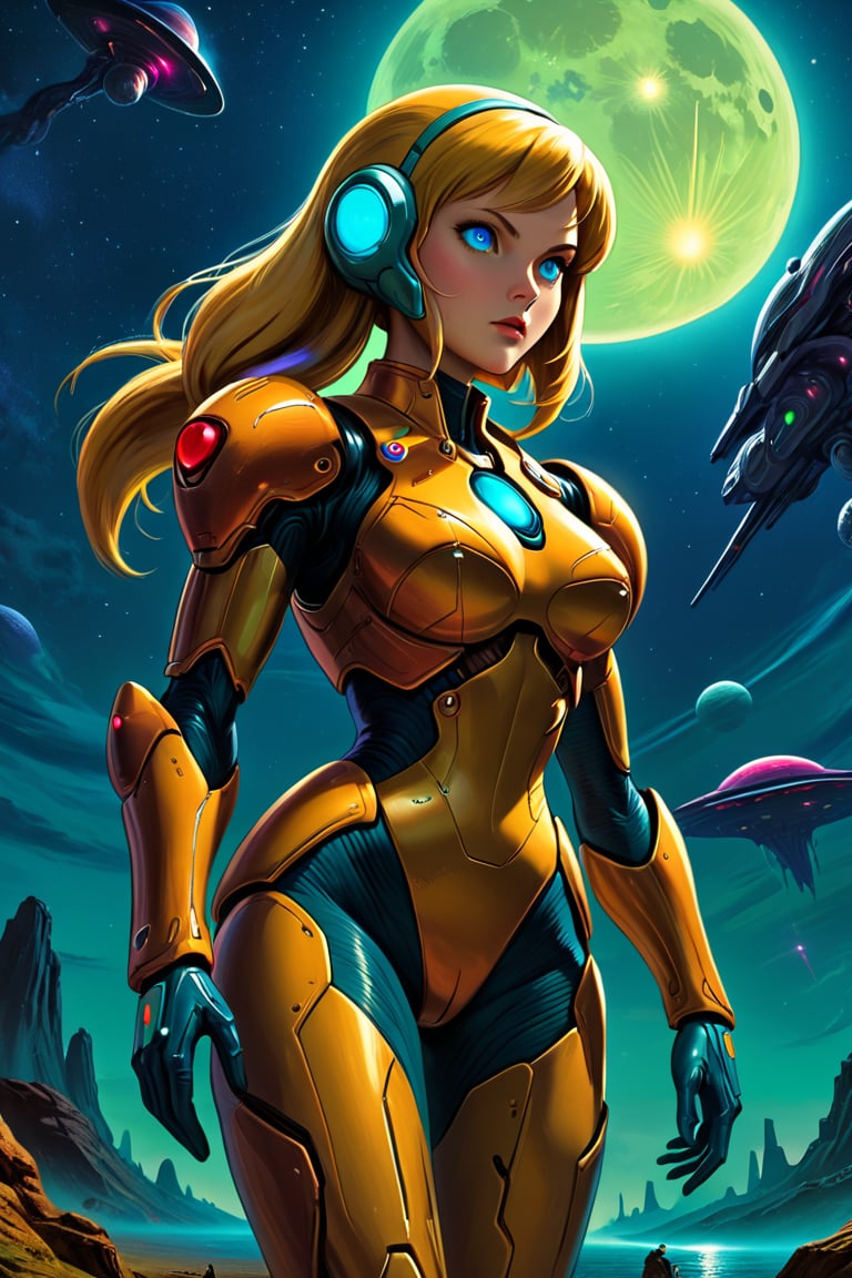  8k uhd, 1girl, perfect skin, detailed clothes, perfect eyes, (masterpiece, best quality, ultra detailed, absurdres)1.5, very detailed, depth of fields, ultra high res, High quality texture, High quality shadows, vivid colors,night, sky, stars, alien planet, pulp-sf, Samus Aran, "The Woman of Zebes",samus aran,pulp art