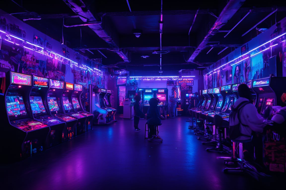  8k uhd,A well-lit arcade room, neon lights, people playing, there is an Outrun arcade, walls decorated with posters of games like Street Fighter, very colorful, arcade machines perfectly aligned.,noc-futuristic,neon_glow