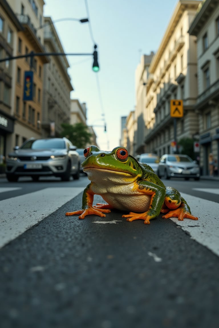  8k uhd, 4K, highres,high detail eyes, highres, ultra detailed,  Highly detailed,masterpiece, best quality, cinematic lighting, vibrant colors,A frog is in the middle of aggressive traffic on a busy avenue in a big city, the frog tries to cross to the other side of the avenue, cinematic lighting, vibrant colors, , title text "FROGGER" 