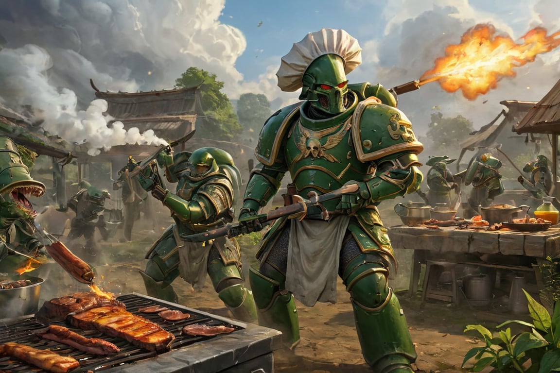 ((masterpiece, of the highest quality; 1.3)), Super quality, beautiful detail, 4k, wallpaper, chef hat, green armor, Salamanders chapter armor, skull armor, outdoors, BBQ grill, cooking, garden, elegant, Highly detailed, Digital painting, art stations, illustration, concept-art, smooth, Sharp focus, high quality, 4k, very detailed, battle, smoke, fighting, cowboy shot, shoulder_armour, alien planet, sky, clouds