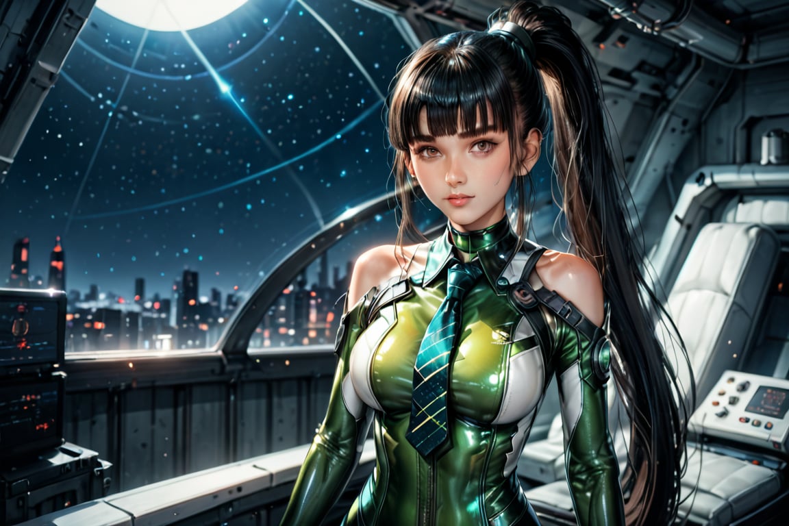 score_9, score_8_up, score_7_up, score_6_up, source_anime, 1girl, solo,  altEve, black hair, long ponytail, brown bodysuit, shiny clothes, looking at you, big breasts, upper body, night sky, outer space,sbeve, black hair, brown eyes, ponytail, long hair, blunt bangs, bodysuit, green bodysuit, white bodysuit, two-tone bodysuit, necktie, chocker, bare shoulders, skin tight, fingerless gloves, white gloves, skinny, narrow waist, light particles, cinematic lighting, depth of field, 4k, beautiful face, 