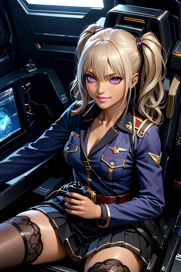  8k uhd, 1girl, perfect skin, detailed clothes, perfect eyes,  (best quality,4K,8K,highres,masterpiece:1.2),ultra-detailed(realistic,photorealistic,photo-realistic:1.37),highly detailed face, highly detailed face, extremely detailed eyes and face, long eyelashes, beautiful detailed eyes, beautiful detailed lips, concept art, cinematic lighting, vibrant colors, hyper-realistic,gundamwingcockpit, monitor, holographic screens, sitting, frowned brows, looking_at_viewer, joystick,seatbelt,kila kushan, dark-skinned female,twintails, long hair, purple eyes,white lips,military uniform, pleated skirt, lace-trimmed thighhighs, high heel boots, thigh holster, thick lips, smile, gyaru