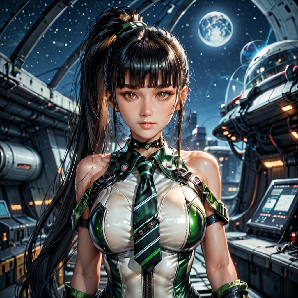 score_9, score_8_up, score_7_up, score_6_up, source_anime, 1girl, solo,  altEve, black hair, long ponytail, brown bodysuit, shiny clothes, looking at you, big breasts, upper body, night sky, outer space,sbeve, black hair, brown eyes, ponytail, long hair, blunt bangs, bodysuit, green bodysuit, white bodysuit, two-tone bodysuit, necktie, chocker, bare shoulders, skin tight, fingerless gloves, white gloves, skinny, narrow waist, light particles, cinematic lighting, depth of field, 4k, beautiful face, 