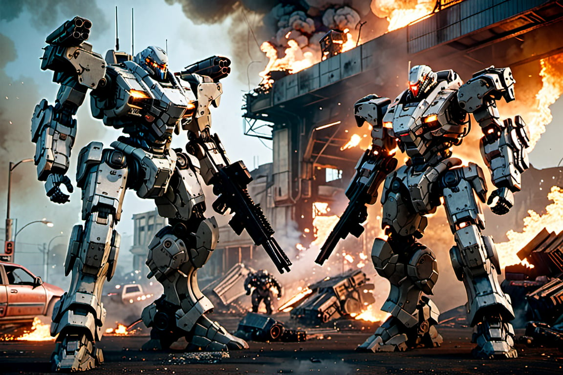 In a gritty, cyberpunk world, a lone cyborg policeman stands tall in a worn-out mech suit, his skull-like face a testament to his mechanical presence. Soft lighting casts an eerie glow on the battlefield, where fires rage and soldiers clash. The camera captures a dynamic pose, showcasing the Armored Core mecha's intricate steel metal details amidst the chaos. Dennis Villeneuve's cinematography masterfully blends photorealistic textures with vibrant colors, set against a highly detailed background of smoke and flames. Unreal Engine 1.4 brings this masterpiece to life, with particle effects, ray tracing, and tone mapping creating an immersive experience.