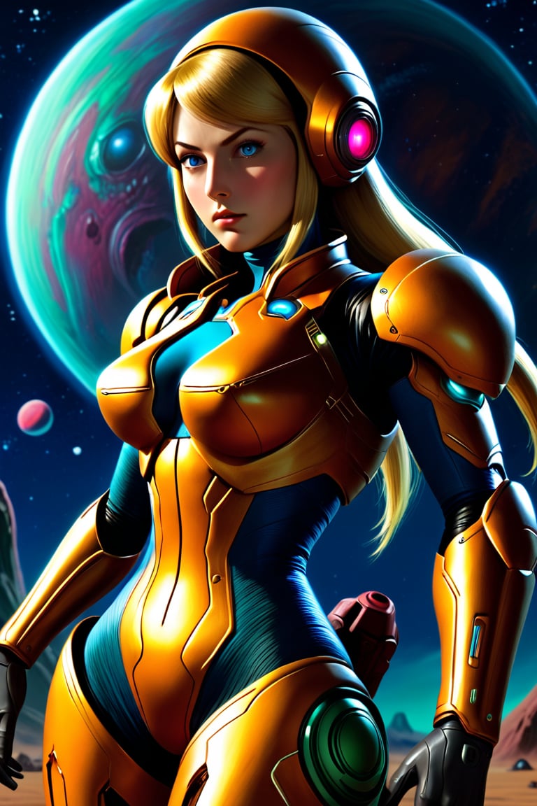  8k uhd, 1girl, perfect skin, detailed clothes, perfect eyes, (masterpiece, best quality, ultra detailed, absurdres)1.5, very detailed, depth of fields, ultra high res, High quality texture, High quality shadows, vivid colors,night, sky, stars, alien planet, pulp-sf, Samus Aran, "The Woman of Zebes",samus aran,pulp art