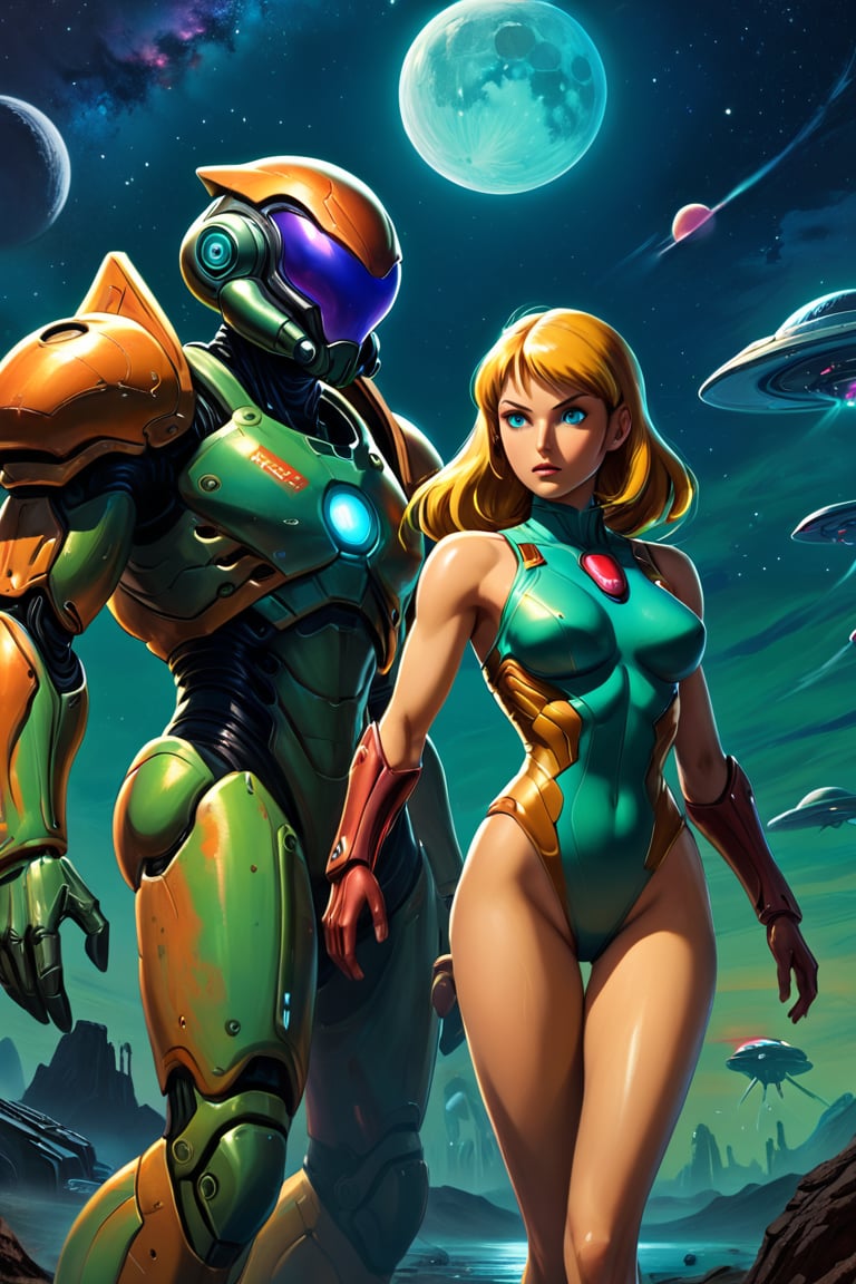  8k uhd, 1girl, perfect skin, detailed clothes, perfect eyes, (masterpiece, best quality, ultra detailed, absurdres)1.5, very detailed, depth of fields, ultra high res, High quality texture, High quality shadows, vivid colors,night, sky, stars, alien planet, pulp-sf, Samus Aran, "The Woman of Zebes",samus aran,pulp art, aliens, 