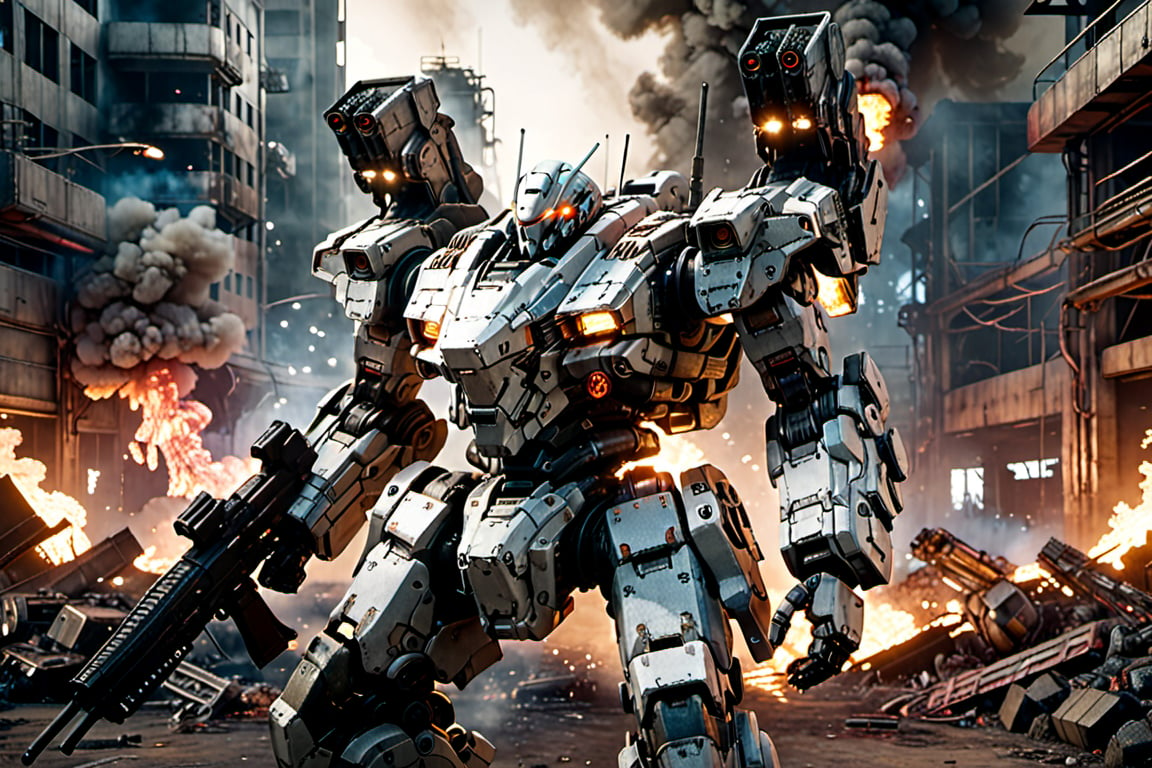 In a gritty, cyberpunk world, a lone cyborg policeman stands tall in a worn-out mech suit, his skull-like face a testament to his mechanical presence. Soft lighting casts an eerie glow on the battlefield, where fires rage and soldiers clash. The camera captures a dynamic pose, showcasing the Armored Core mecha's intricate steel metal details amidst the chaos. Dennis Villeneuve's cinematography masterfully blends photorealistic textures with vibrant colors, set against a highly detailed background of smoke and flames. Unreal Engine 1.4 brings this masterpiece to life, with particle effects, ray tracing, and tone mapping creating an immersive experience.