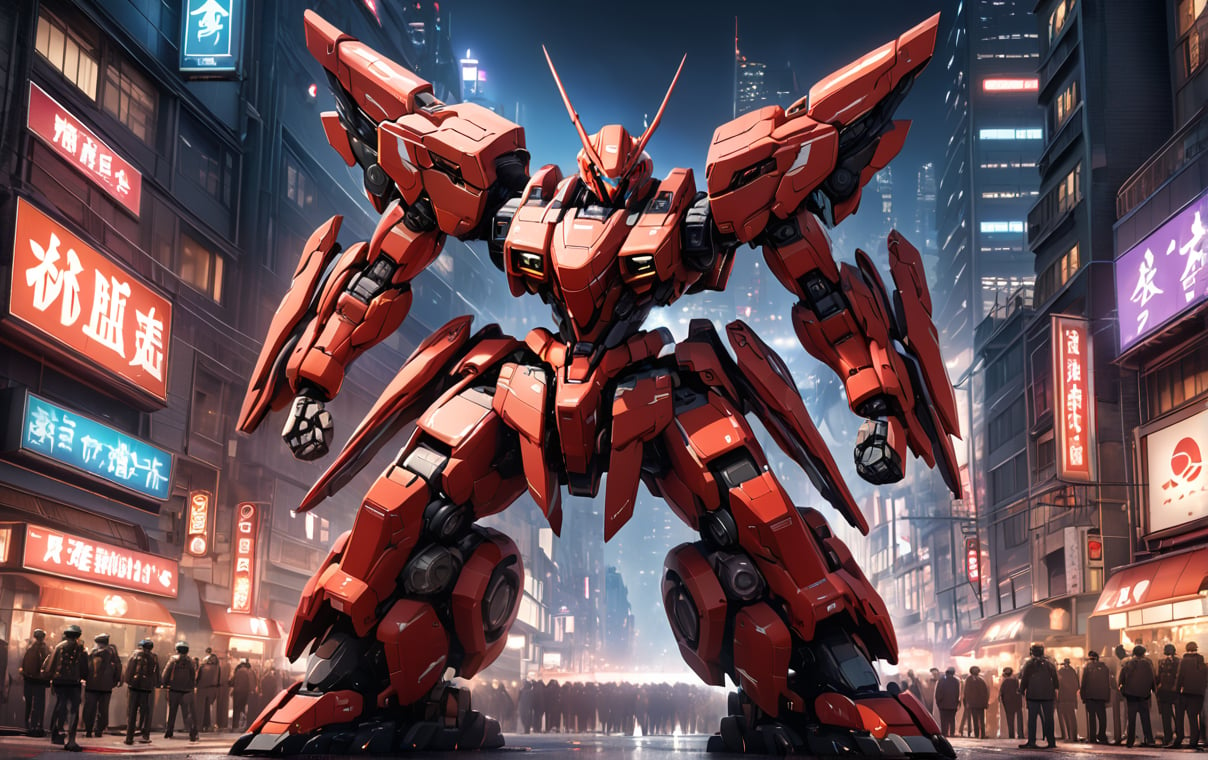 artstation, official art, masterpiece, best quality, a anime mecha towering over all, glowing eyes, standing, night, cityscape, soldiers, patroling, very detailed, Ultra Detailed 8K CG, ultra high res, High quality texture, High quality shadows, cinematic, extreme artistic, best quality:1.4, intricate details, sharp focus, highres,searchlights, elaborate atmosphere:0.90, 8K, 4K, UHD, 32k UHD resolution, realistic photo, professional photography, Ultra Detailed 8K CG, ultra high res, High quality texture, High quality shadows, vivid colors, yutaka izubuchi mecha,HDR