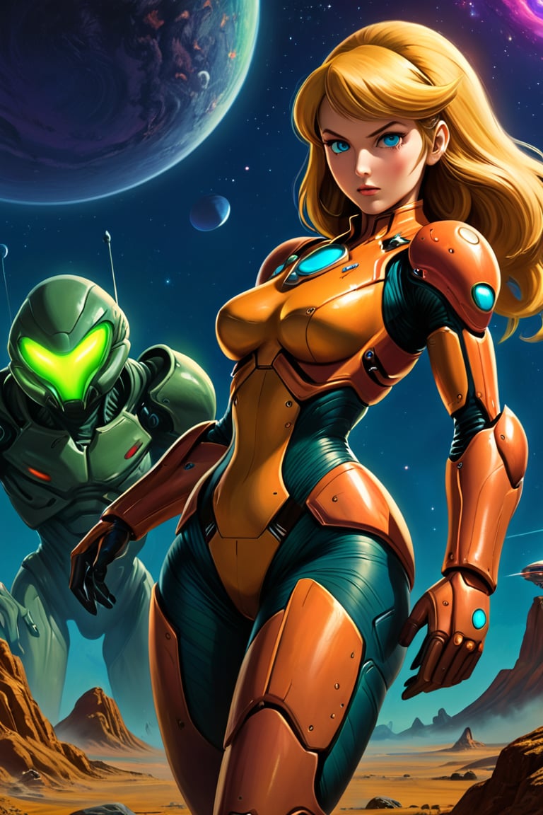  8k uhd, 1girl, perfect skin, detailed clothes, perfect eyes, (masterpiece, best quality, ultra detailed, absurdres)1.5, very detailed, depth of fields, ultra high res, High quality texture, High quality shadows, vivid colors,night, sky, stars, alien planet, pulp-sf, Samus Aran, "The Woman of Zebes",samus aran,pulp art, aliens, 