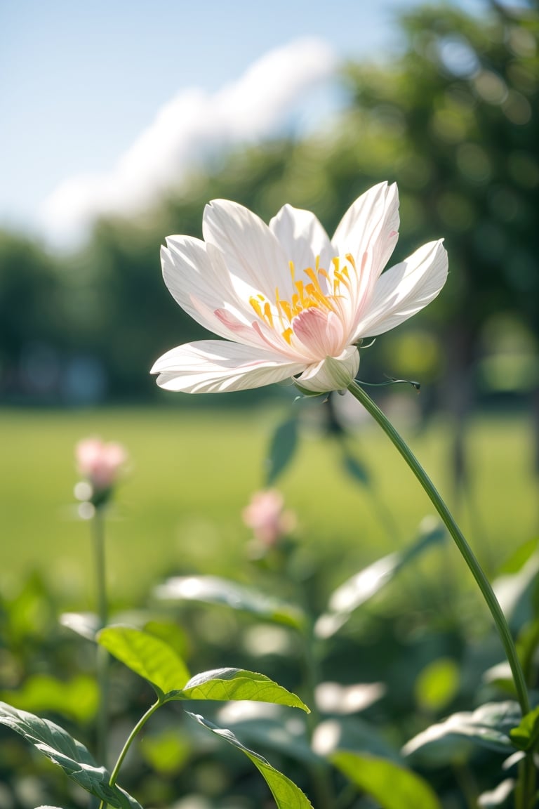 (best quality, 4k, 8k, highres, masterpiece:1.2), ultra-detailed, (realistic, photorealistic, photo-realistic:1.37), flower,outdoors,sky,day,cloud,blurry,depth of field,blurry background,leaf,grass,plant,nature,scenery,pink flower,field,still life