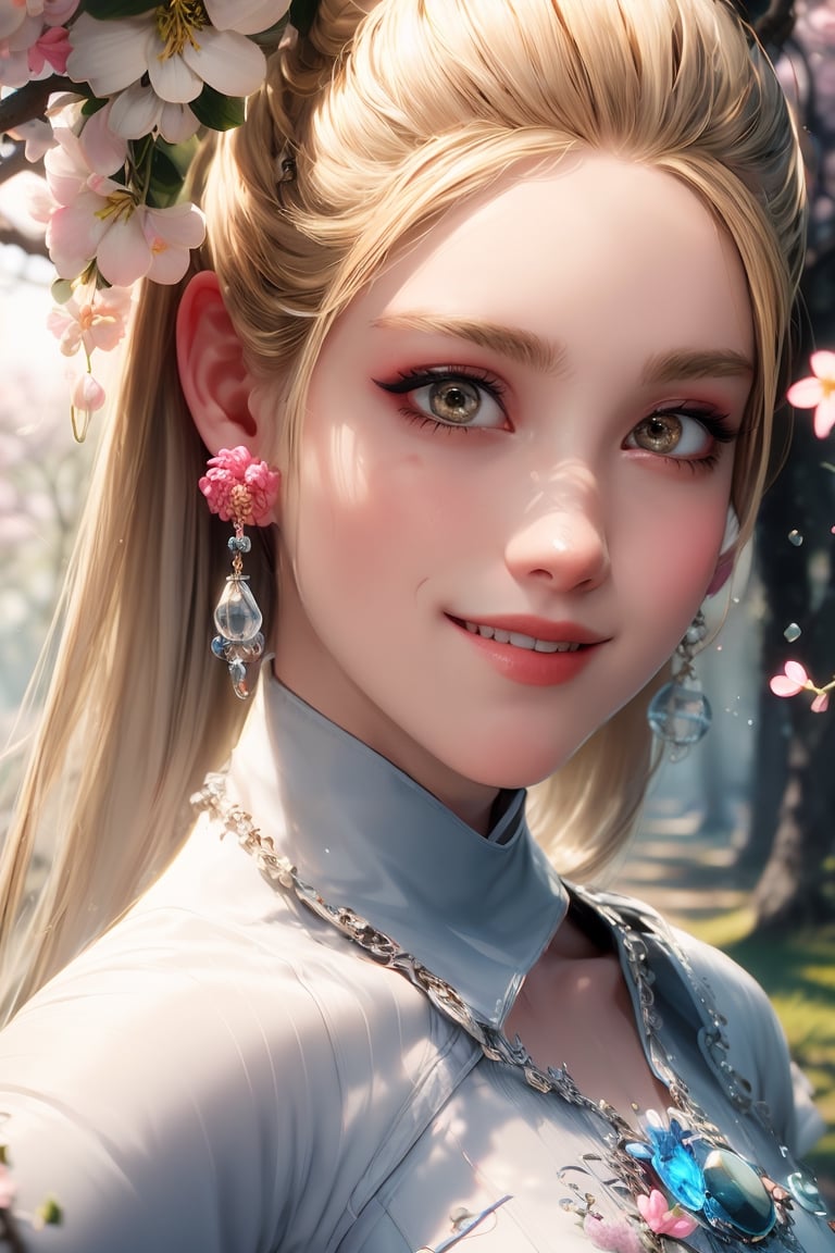 A digital illustration painting with soft pastels, a beautiful woman with long blonde hair in flow in a blue coat suit, grey long pants matching pink high heel boots, smiling, walking under the dense cherry trees, decorated, snowing sakura blossom flowing around, soft focus, silhouettes of trees framing the scenery, blue, black and pink colors blend gently, effect Bokeh background, very delicate, rim lighting, vivid, vibrant tones, und 8k