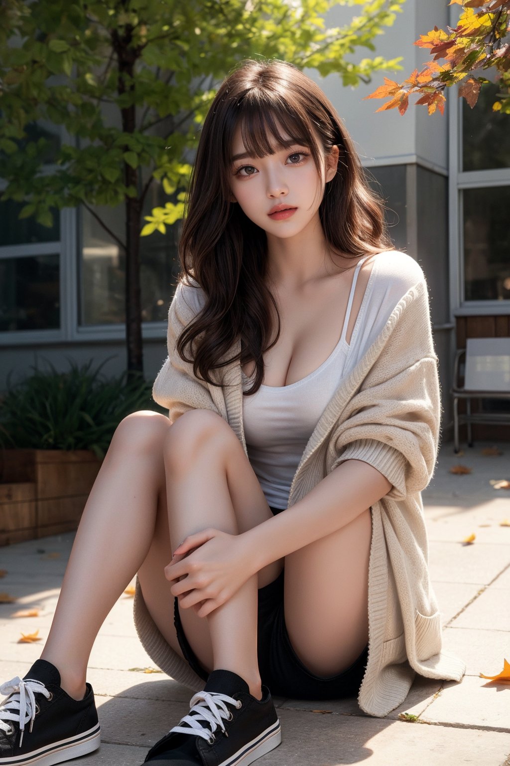 1girl, college campus, fall leaves,breasts,big sunny smile,grey eyes,(medium brown curly wavy hair),(bangs),wearing light oversized cardigan over a white camisole,low rise shorts,slender, (black canvas shoes),(full body),academic charm, nostalgic, loveholic, (Masterpiece, Photorealistic, 8K resolution, Ultra High Quality, Incredibly Detailed, Cinematic lighting, Perfect anatomy, RAW), realistic,highres,sexy posture