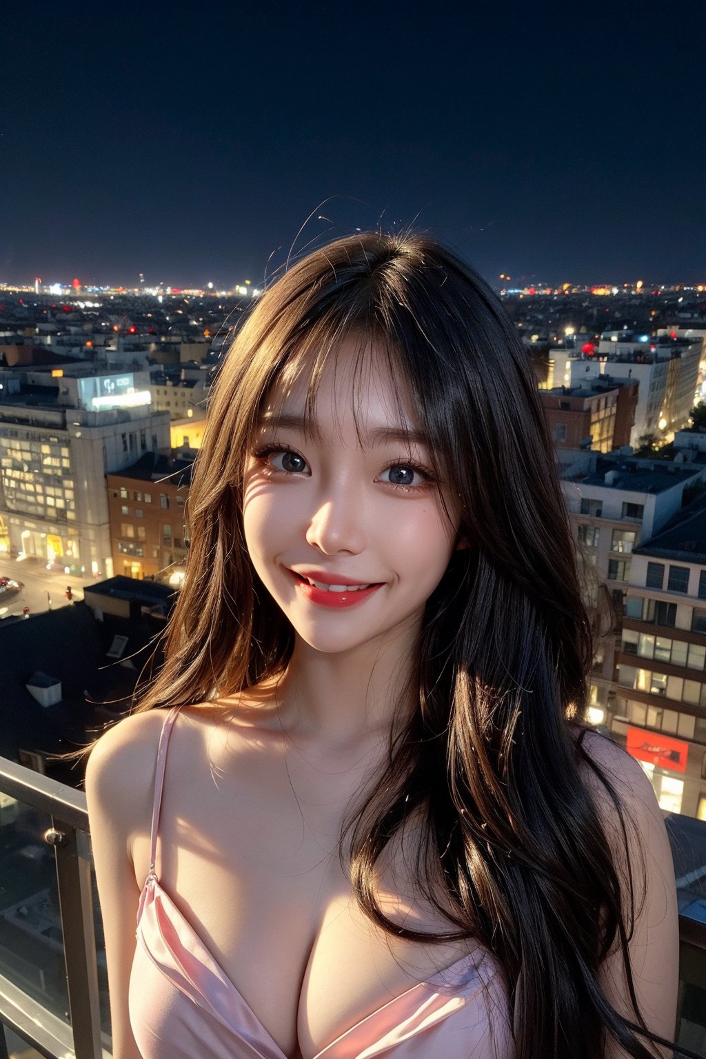 ((Masterpiece, best quality,edgQuality)),score_9,score_8_up,Young girl , voluptuous body, long wavy hair,thick bangs,round cheeks, full face, tall, posing looking at the camera, sexy closed-mouth smile, transparent night gown semi open, on a balcony overlooking the city, volumetric lights, masterpiece, background is blurry nighttime cityscape