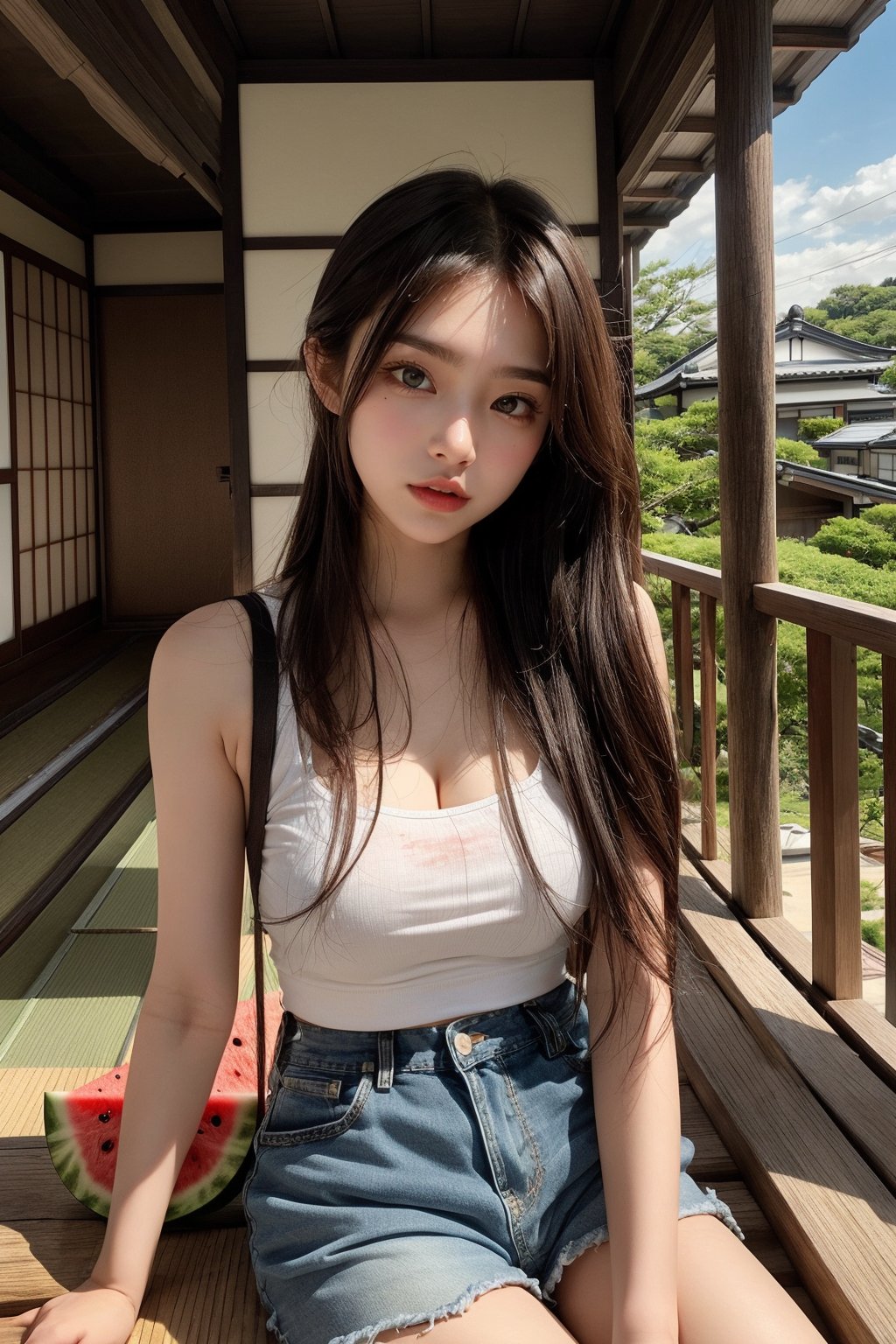 Banner photo of a real person, a Japanese girl sitting happily on the verandah of a traditional Japanese house, facing the green yard, holding sliced ​​watermelon in her hands to eat. The girls were wearing white sleeveless tops and denim shorts, and the white clothes were stained with a lot of red Traces of watermelon juice.