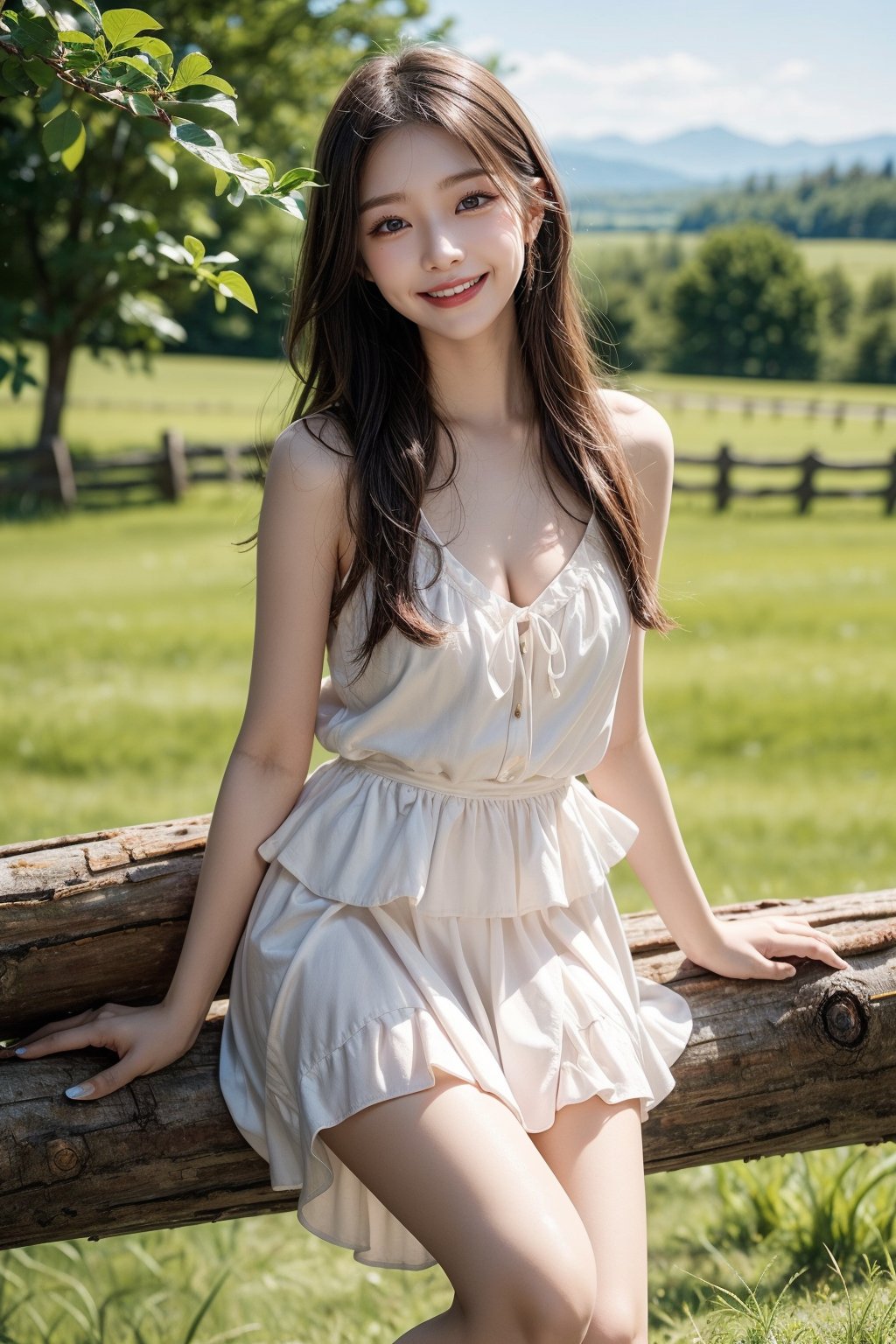 Realistic photo in brown tones, young chinese lady, analog photo, candid, fantasy portrait, horizon, 20yo female, high skin details, polaroids, photo, realistic, bokeh, shallow depth of field, beautiful eyes, high detail eyes, beautiful face, high detail face, high detail skin, beautiful hands, beautiful fingers, beautiful eyelashes, fingernails, aestheticism, cinematic, elegant pose, fullbody shot, backlighting,
This photograph captures a young woman sitting outdoors in a natural, grassy setting. She has long, wavy, black hair that cascades down her shoulders. Her skin is fair, and she is smiling gently, exuding a sense of ease and confidence. She is wearing a white, sleeveless, ruffled sundress with a flowy, layered skirt that stops mid-thigh, showcasing her slender legs. Her dress has thin straps that tie into small bows at her shoulders, light pink nail polish.
The woman is sitting on a rustic, wooden fence made of horizontal logs, which runs horizontally across the image. Her left hand is resting on the fence, while her right hand is casually placed on her hip. She is wearing red open-toed sandals, summery vibe to her outfit.
The background features a lush, green landscape with tall grass and scattered wildflowers. There are some cows eating grass in the background. In the distance, there are trees and hills, suggesting a serene, rural environment. The lighting is natural, likely from the late afternoon sun, casting soft shadows and highlighting the textures of her dress and the fence. The overall mood of the image is relaxed and picturesque.