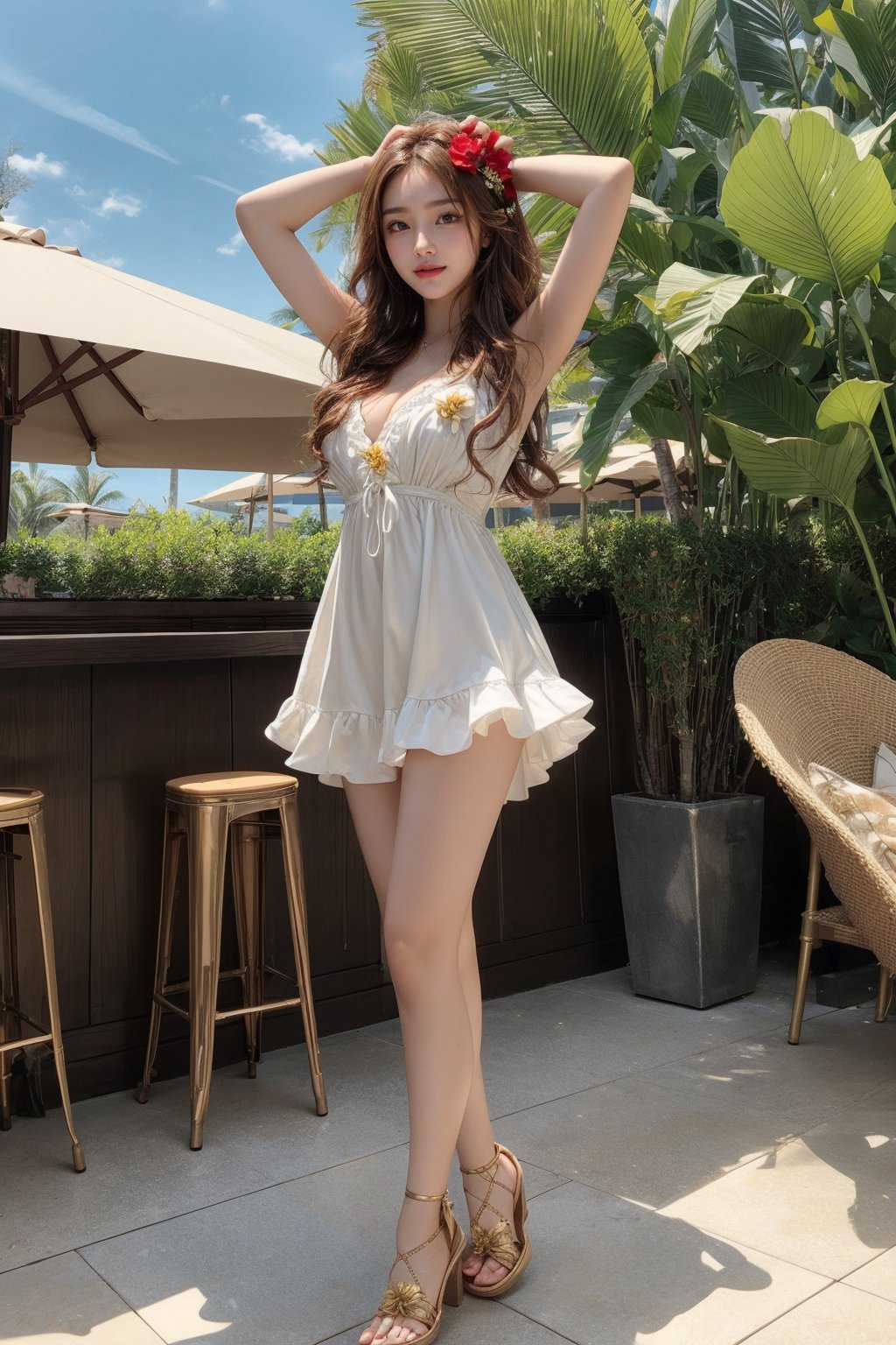 1 16's cute girl, petite, (wearing white frilly dress:1), round face, smiling, best picture quality, 32K, details, high resolution, (front view), big eyes, (full body), brown hair in golden mesh curls, one point flower hair ornament, palm leaf roof, poolside bar, sunny sky, red lips medium bust, big eyes,gentlebreeze,arms up