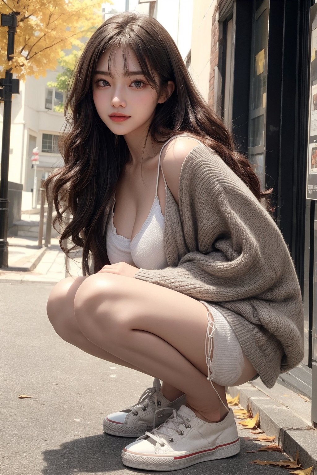 1girl, college campus, fall leaves,medium breasts,big sunny smile,grey eyes,(long brown curly wavy hair),(bangs),wearing light oversized cardigan over a white camisole,low rise shorts,slender,(canvas shoes),full body,academic charm, nostalgic, loveholic, (Masterpiece, Photorealistic, 8K resolution, Ultra High Quality, Incredibly Detailed, Cinematic lighting, Perfect anatomy, RAW), realistic,highres,squatting