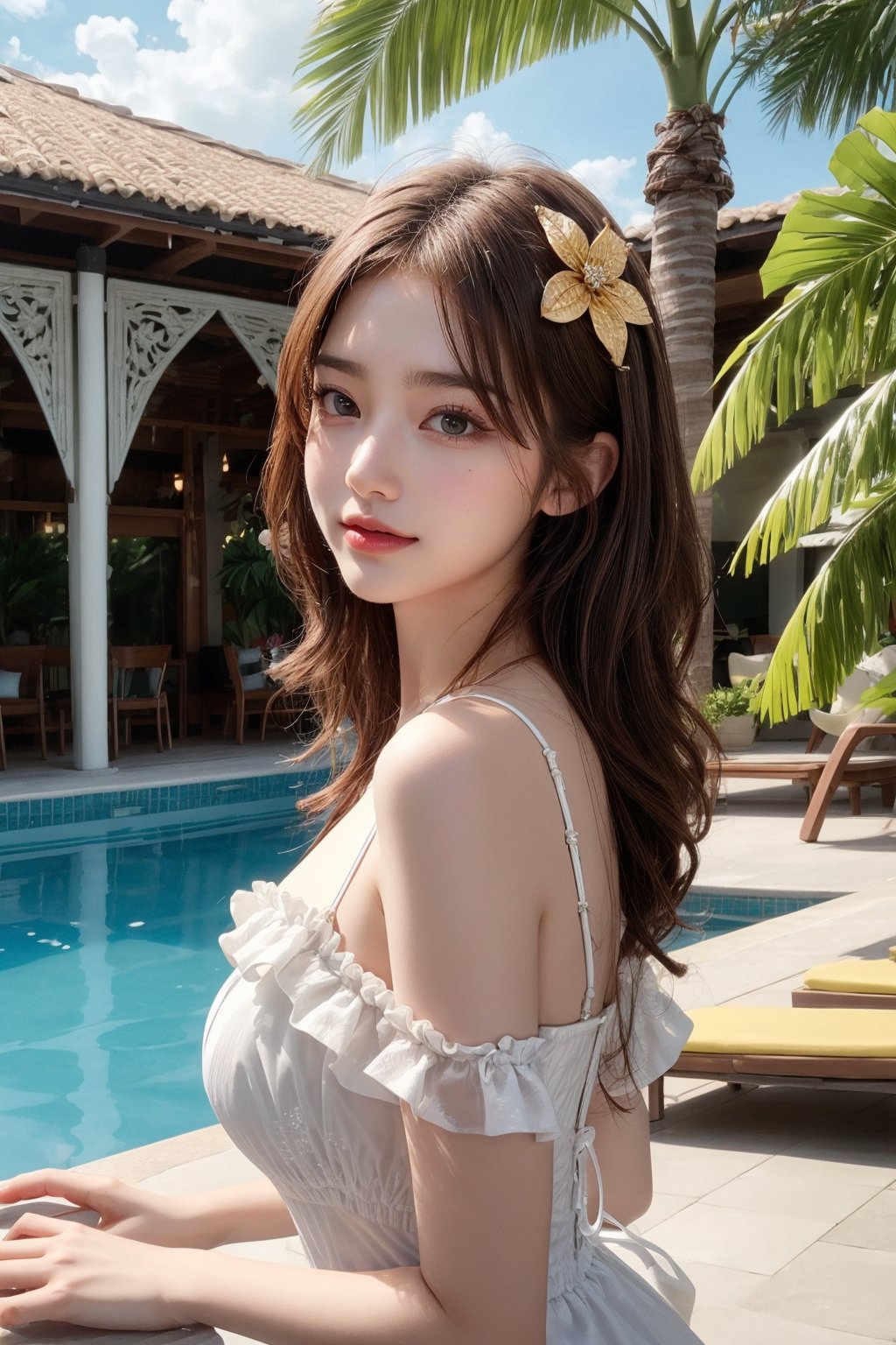 1 16's cute girl, petite, (wearing white frilly dress), round face, smiling, best picture quality, 32K, details, high resolution, (front view), big eyes, (full body), brown hair in golden mesh curls, one point flower hair ornament, palm leaf roof, poolside bar, sunny sky, red lips medium bust, big eyes,gentlebreeze,realhands,looking back at viewer