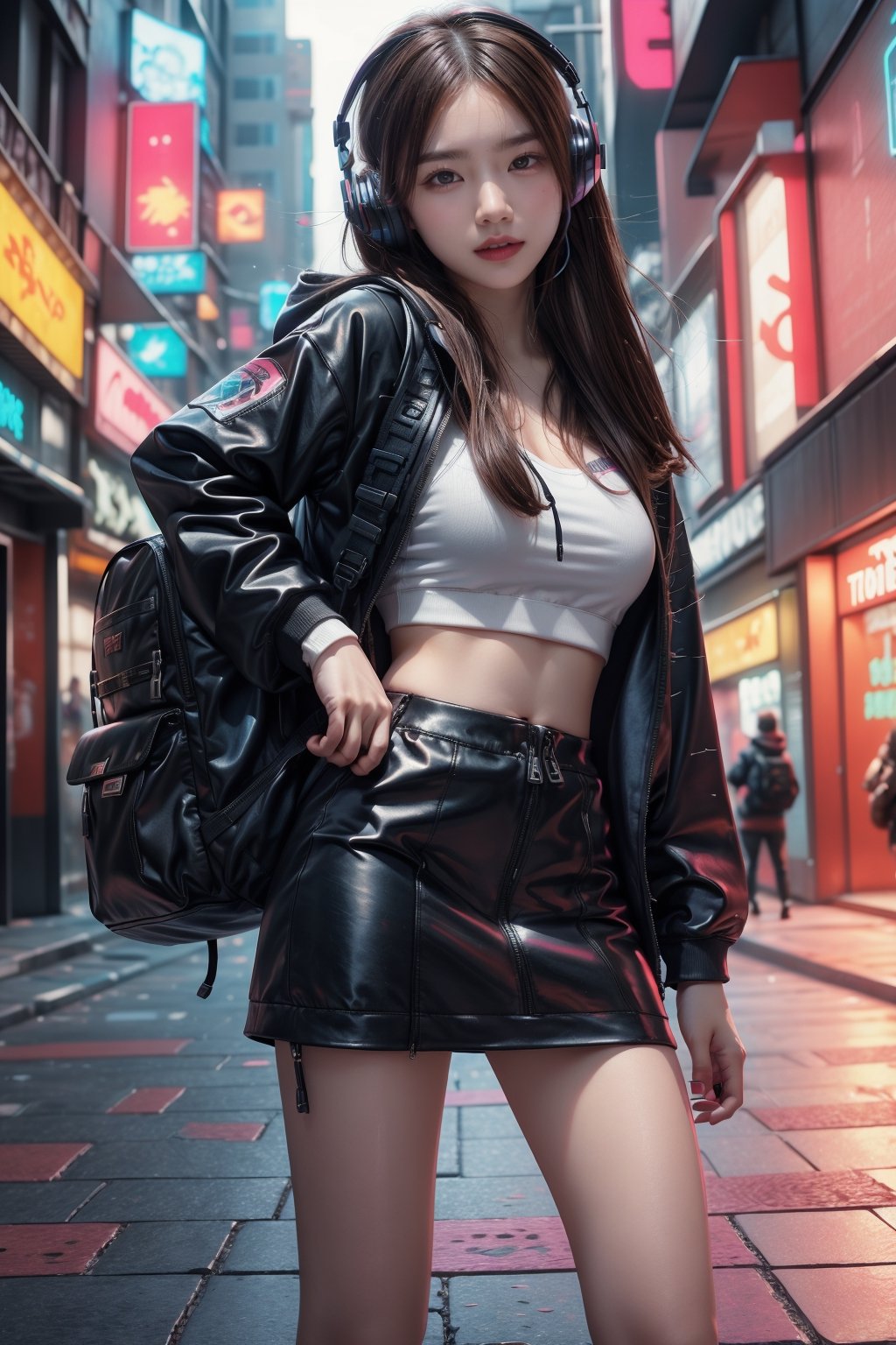 Dreampolis, hyper-detailed digital illustration, cyberpunk,brown hair,Hair flowing in the wind,(big smile:1.1),breasts,single girl with (techsuite hoodie:1.1) and headphones in the street,black mini skirt, neon lights, lighting bar, city, cyberpunk city, film still, backpack, in megapolis, pro-lighting, high-res, masterpiece,Wonder of Art and Beauty,upper body, model pose,Cyberpunk