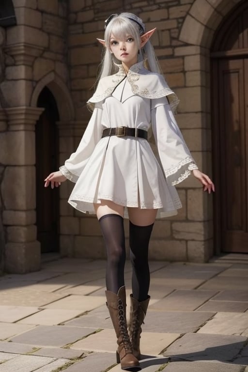 1girl, solo, long hair, looking at viewer, stony-faced, bangs, simple background, long sleeves, dress, white twintails, closed mouth, standing, full body, white hair,  boots, pointy ears, belt, white dress, parted bangs, black pantyhose, capelet, floating hair, brown footwear, elf, white capelet, wandering in the castle in medieval century 