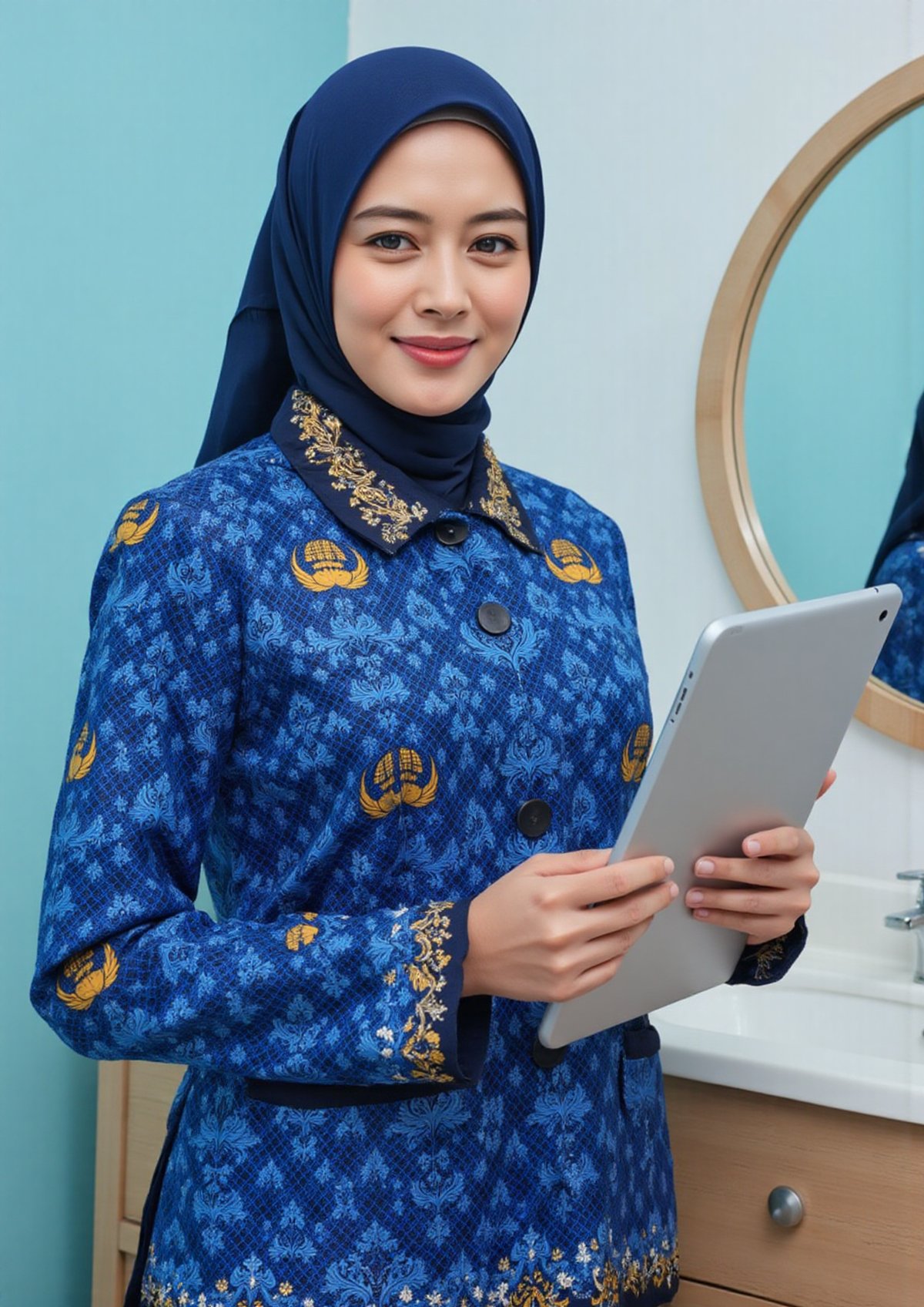 A woman wearing a vibrant royal blue batik-style long-sleeve jacket with gold embellishments. The jacket features a repeat...