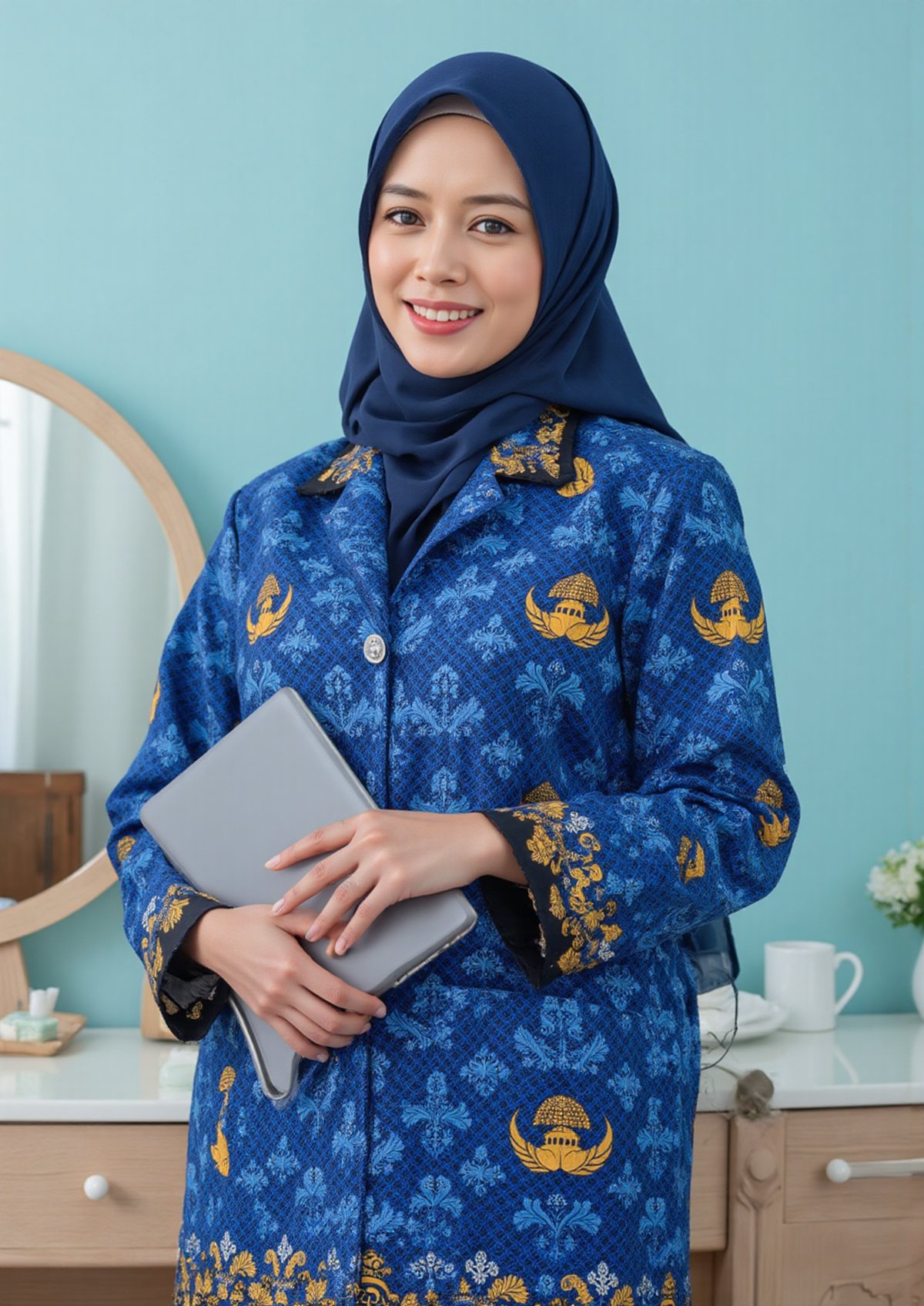 A woman wearing a vibrant royal blue batik-style long-sleeve jacket with gold embellishments. The jacket features a repeat...