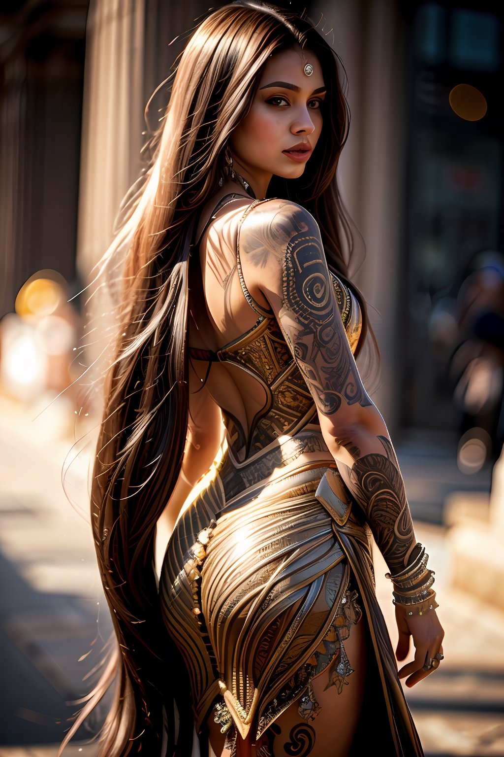 Worrior queen women, long brown hair,perfect symmentric dark eyes, masterpiece,detail clear face,wearing full armor skirt dress, tattoos , backround wepons,