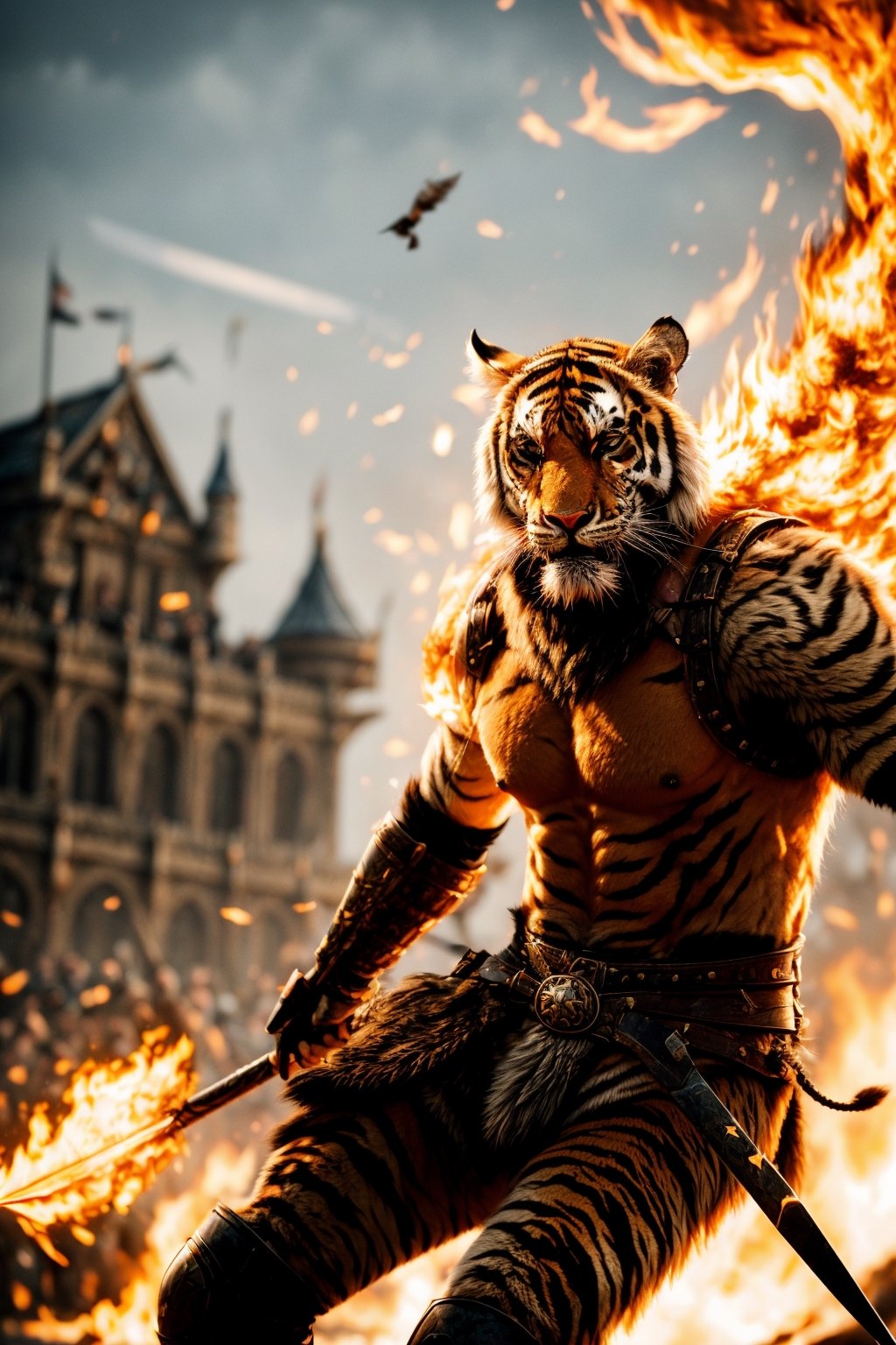 (RAW photo) worrior king men in battle suitation, sitting with Tiger beside animal, multiple arrows flying on air in beside background, with spear holding on hand secen with army enemy, realistic battle running suitation,  edge of the sword , realistic HD quality character Photo,  background huge castle, backround huge pillars on fire, symmentric fingers, hands, realistic detailed character cenimatic face, backround  fire blast 