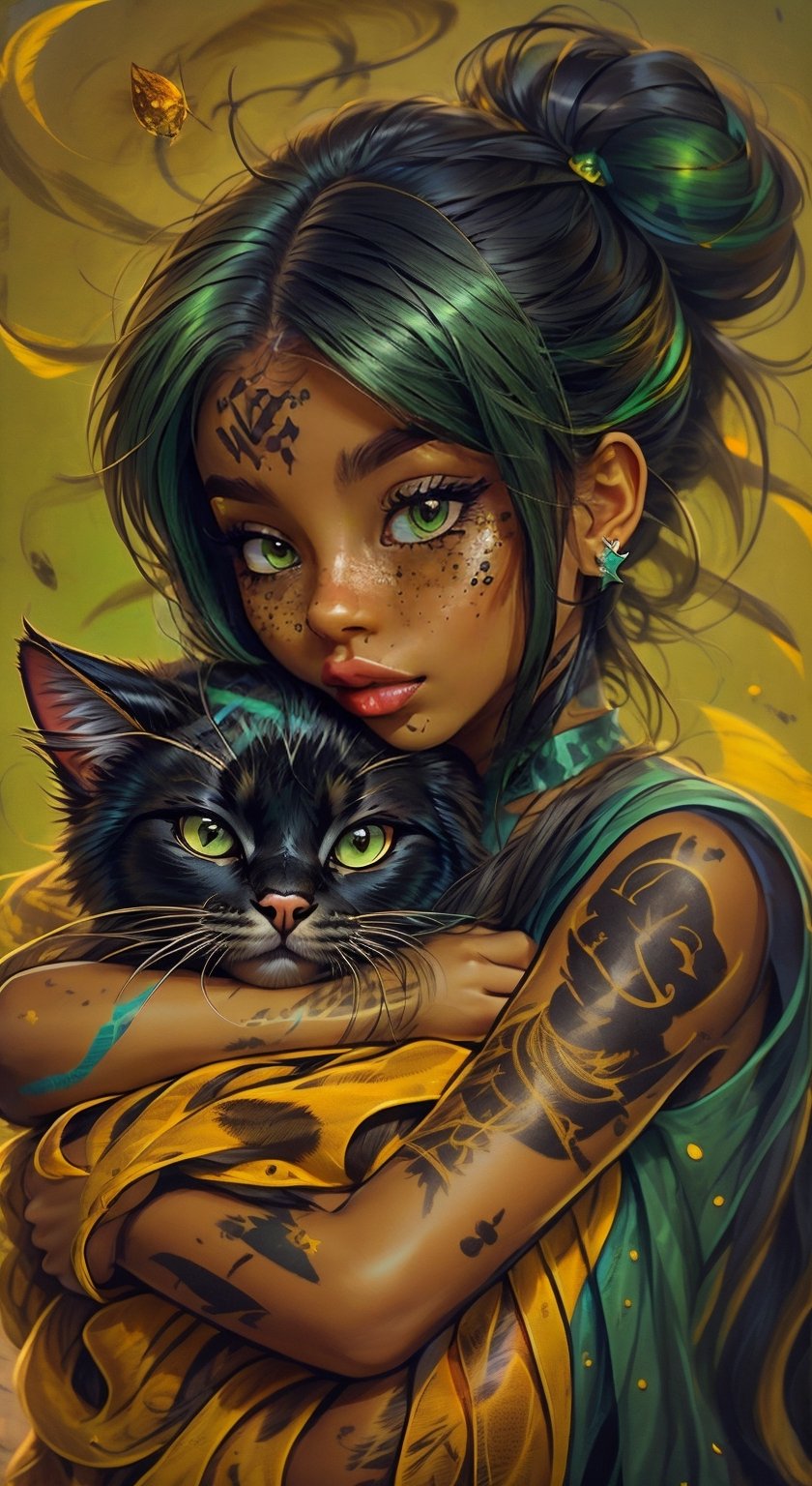 1girl, solo, looking at viewer, bangs, simple background, shirt, black hair, holding, brown eyes, jewelry, closed mouth, upper body, earrings, sleeveless, dark skin, hair bun, dark-skinned female, lips, black shirt, tattoo, animal, halo, piercing, single hair bun, cat, freckles, green background, nose, arm tattoo, black cat, holding animal, holding cat, animal hug