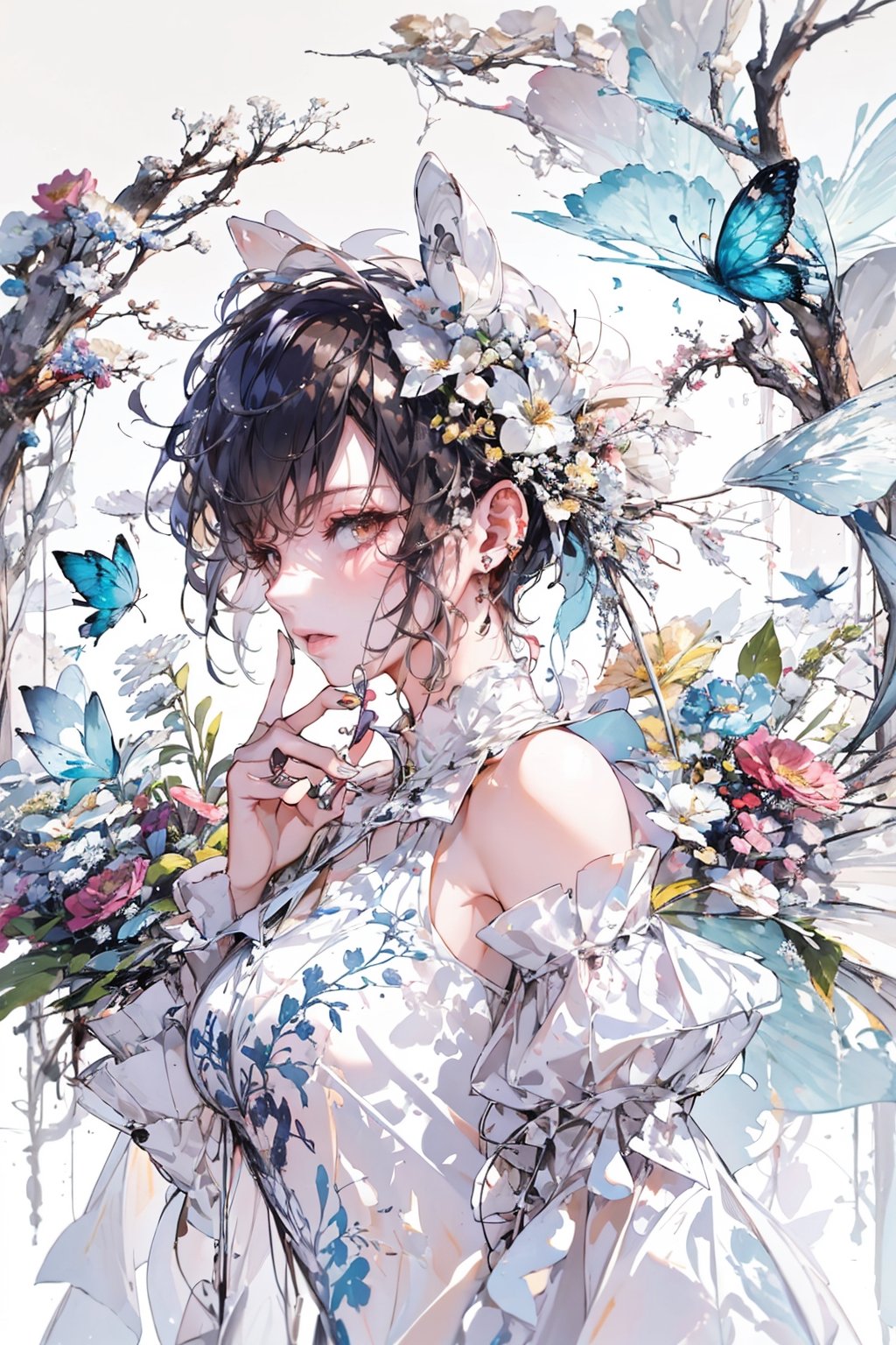 1girl, solo, breasts, looking at viewer, short hair, bangs, black hair, hair ornament, thighhighs, dress, animal ears, bare shoulders, jewelry, tail, flower, earrings, parted lips, detached sleeves, hair flower, lips, blue dress, watermark, bug, butterfly, finger to mouth, blue thighhighs, blue butterfly