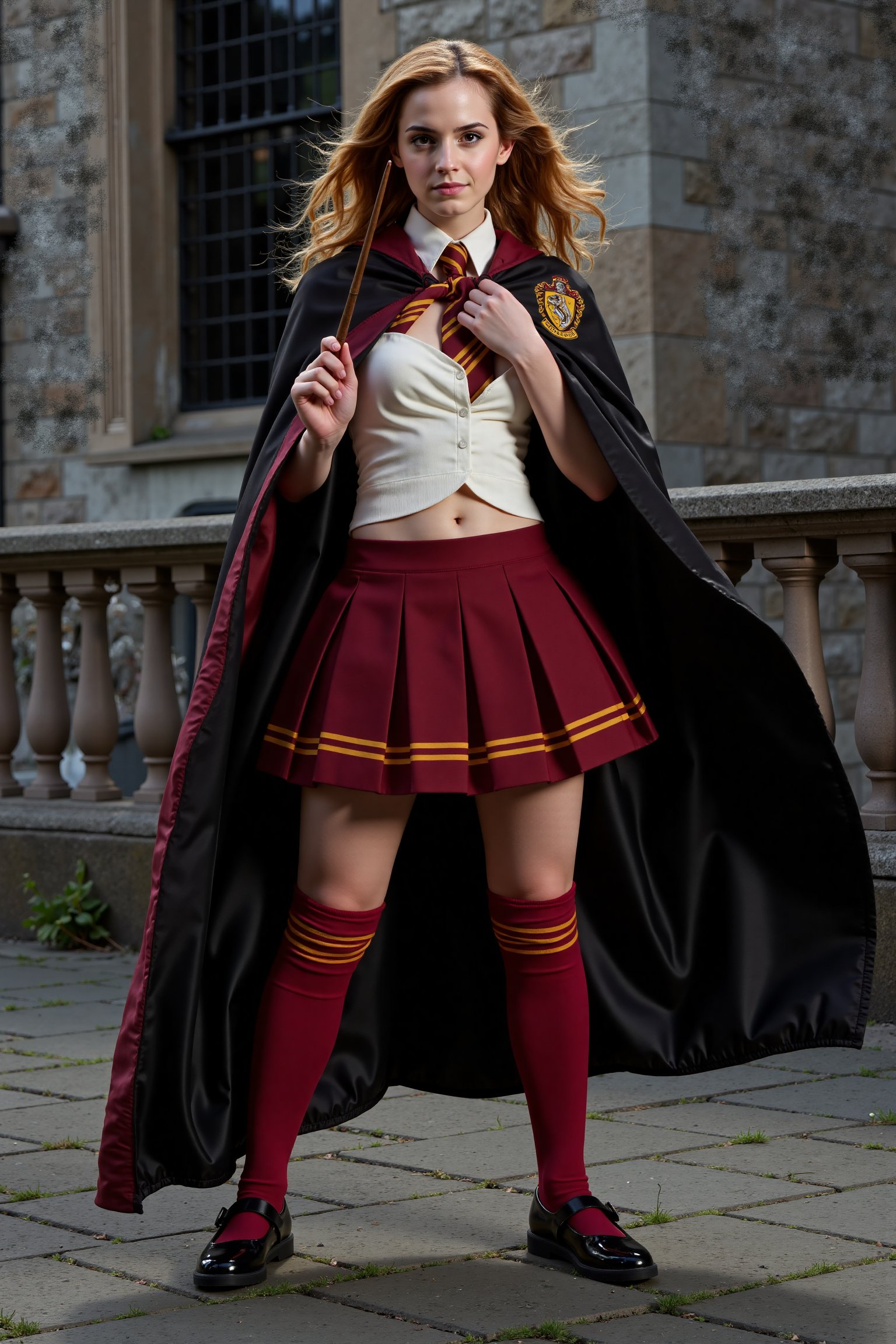 Hermione Granger posing confidently during a professional photoshoot against Hogwarts Castle's exterior. Wearing a Gryffin...