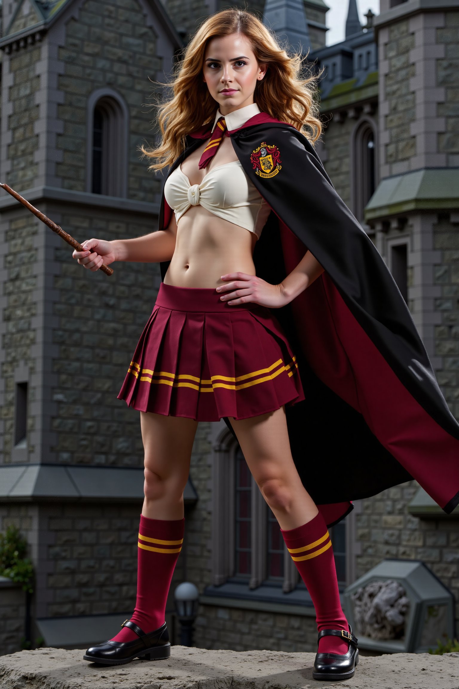 Hermione Granger posing confidently during a professional photoshoot against Hogwarts Castle's exterior. Wearing a Gryffin...