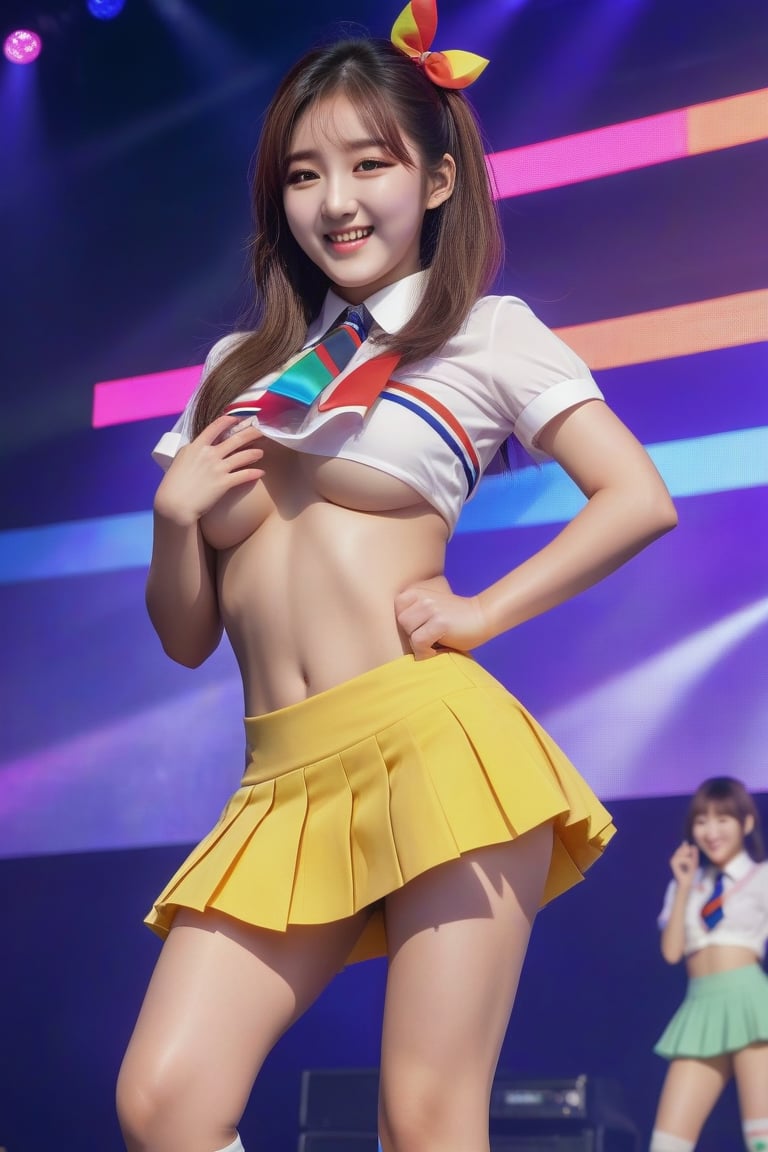 candid photo of (korean girl, korean idol) performing on stage, smile, elaborate schoolgirl costume, colorful clothes, miniskirt, thighhighs, (underboob, upskirt), (hands behind back, leaning forwardm bent over, facing viewer:1.14), (realistic skin texture, glistening skin) colorful lights, detailed background, closeup