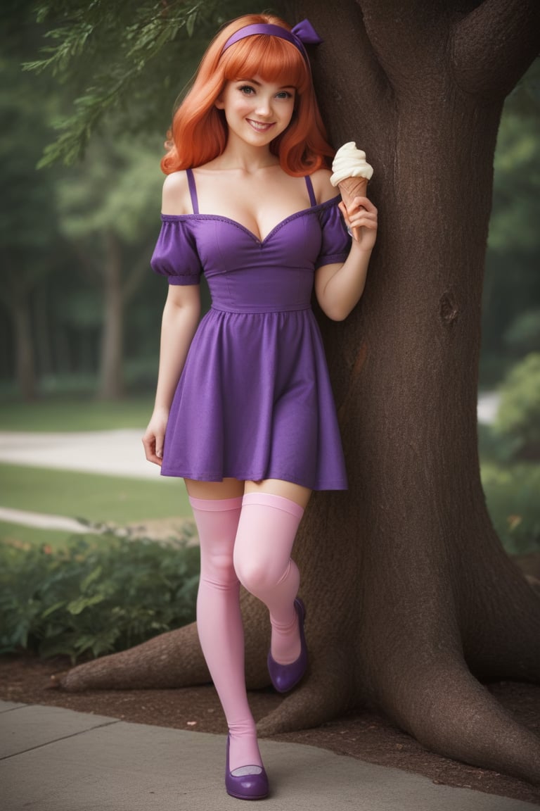 score_9, score_8_up, score_7_up, source_real, adult (Daphne Blake) 1girl, petite, smile, purple hairband, (shoulder length red hair), off-shoulder, purple top, cleavage, dress, pink thighhighs, and purple shoes, detailed background, standing beside tree with one leg up, (eating ice cream) closeup