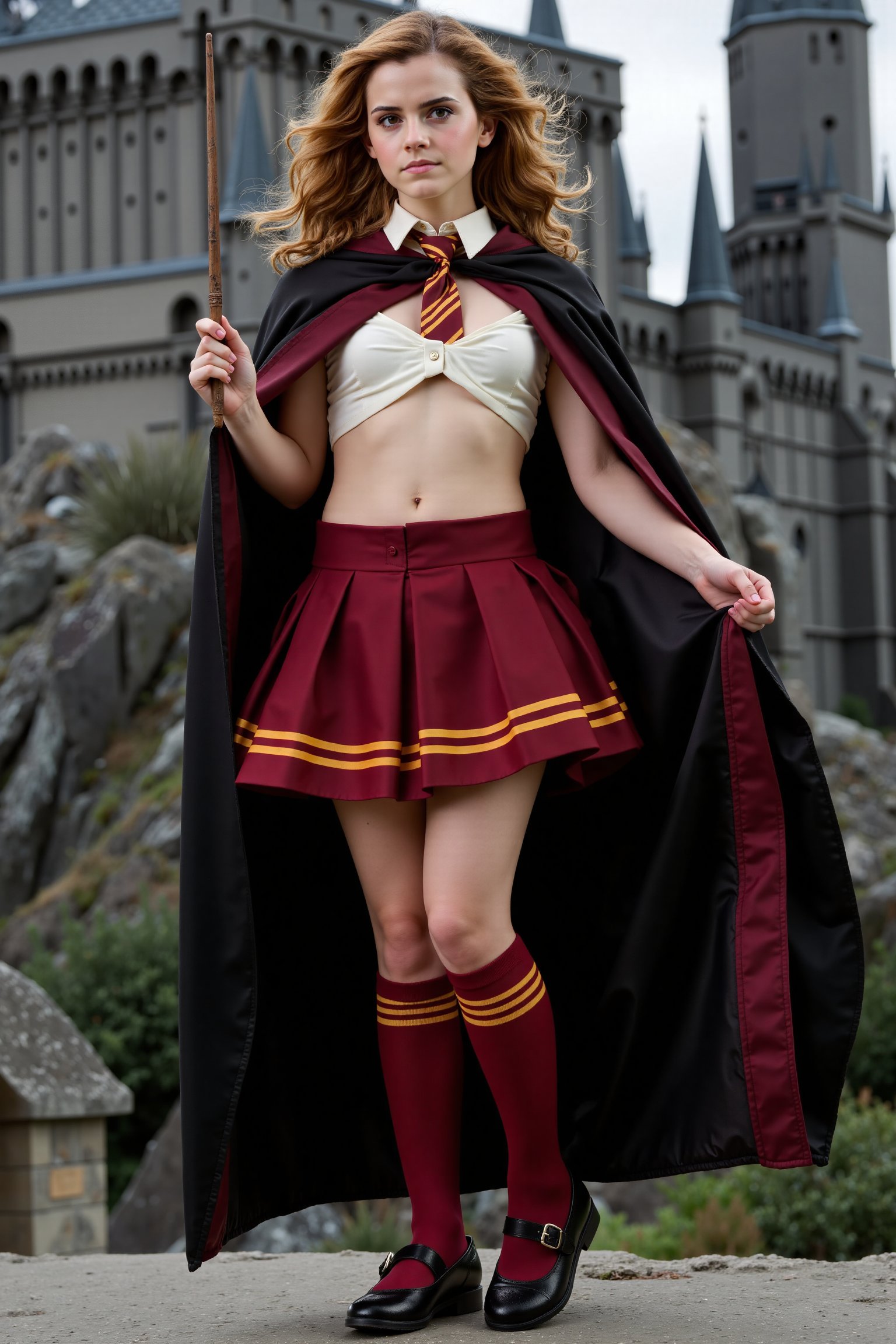Hermione Granger posing confidently during a professional photoshoot against Hogwarts Castle's exterior. Wearing a Gryffin...
