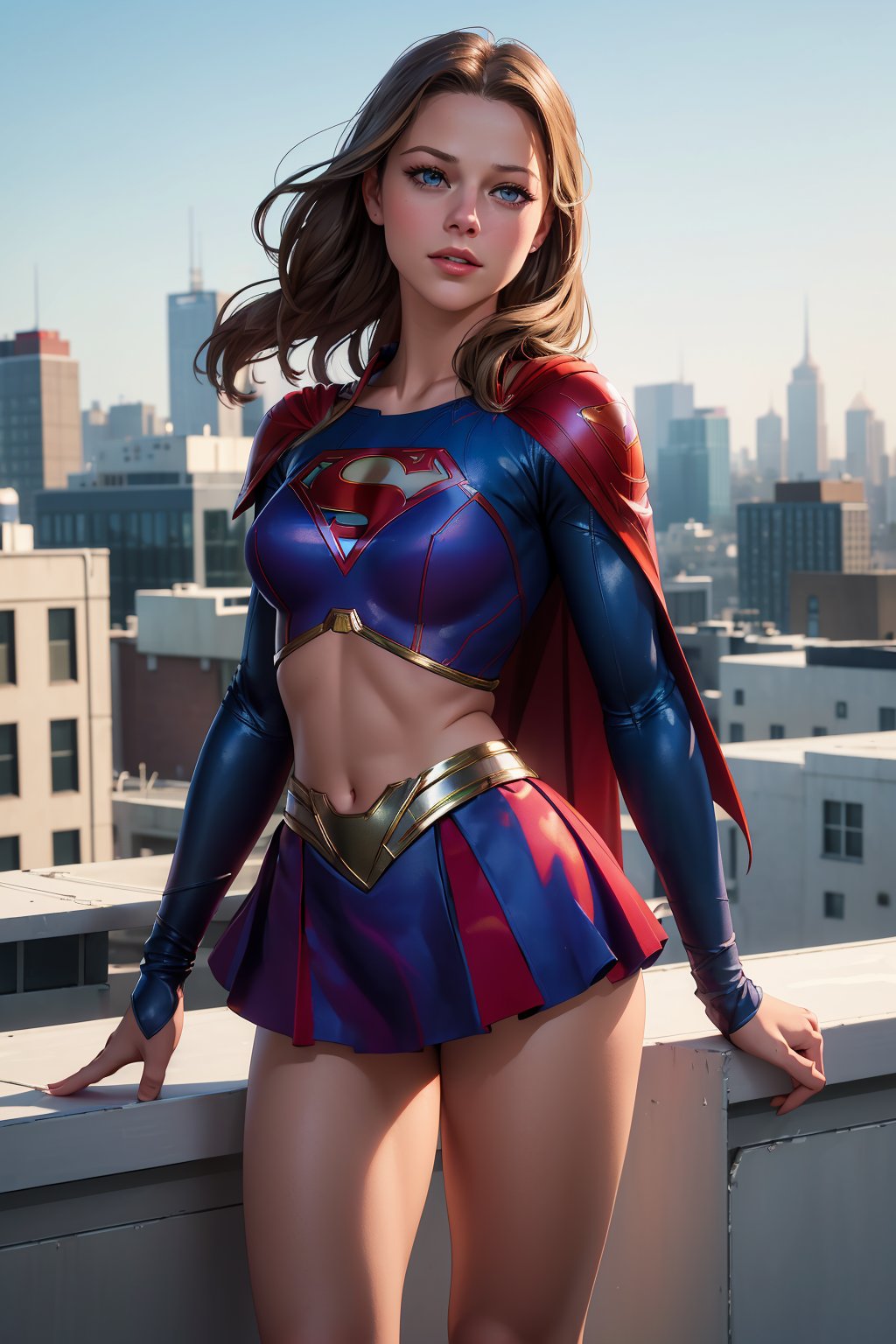 (masterpiece, best quality, ultra-detailed, 8K) (Melissa Benoist:1.15) as supergirl, smirk, miniskirt, short-sleeved crop top, cape, (detailed face, detailed eyes, both eyes the same, realistic skin texture, glistening skin:1.15), standing on rooftop, dynamic pose, one_leg_raised,Melissa Benoist