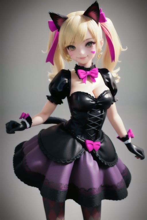 masterpiece, best quality, highres,twintails, hair bow, animal ears, whisker markings, heart earrings,blond-hair, cat tail, bowtie, pink bow, cleavage, gothic, black dress, short sleeves, puffy sleeves, black gloves, purple skirt, argyle, pantyhose skirt,, smile,3D, aahana