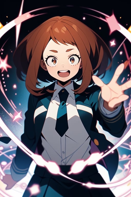 masterpiece, best quality, highres,  long hair,  school uniform, Blue_necktie, black jacket, open jacket, long sleeves, black skirt, , yugioh,illustration, ,hmochako, ochako uraraka, command spell, magic, magic circle,