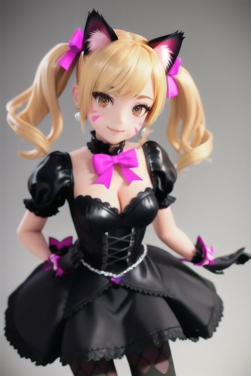 masterpiece, best quality, highres,twintails, hair bow, animal ears, whisker markings, heart earrings,blond-hair, cat tail, bowtie, pink bow, cleavage, gothic, black dress, short sleeves, puffy sleeves, black gloves, purple skirt, argyle, pantyhose skirt,, smile,3D, aahana