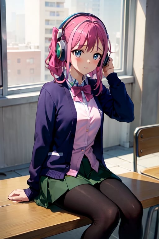 masterpiece, best quality, highres,, headphones, school uniform, long sleeves, blue cardigan, green skirt, pantyhose,, hy1, pink_hair