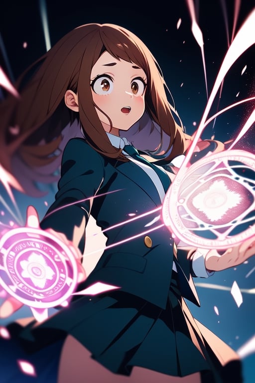 masterpiece, best quality, highres,  long hair,  school uniform, Blue_necktie, black jacket, open jacket, long sleeves, black skirt, , yugioh,illustration, ,hmochako, ochako uraraka, command spell, magic, magic circle,