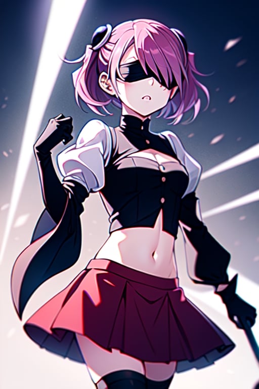 masterpiece, best quality, highres, hy1, hiragi yuzu, hm2b, black skirt, clothing cutout, long sleeves, puffy sleeves, juliet sleeves, black thighhighs, black gloves, covered navel,light, 2b_outfit ,blindfold, ,hy1