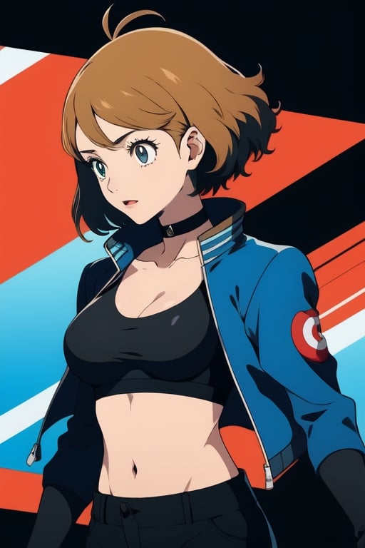 masterpiece, best quality, highres, bbserena, large breasts, black choker, collarbone, blue jacket, cropped jacket, open jacket, sports bra, midriff, fingerless gloves, black gloves, black pants, short-hair, antenna hair,