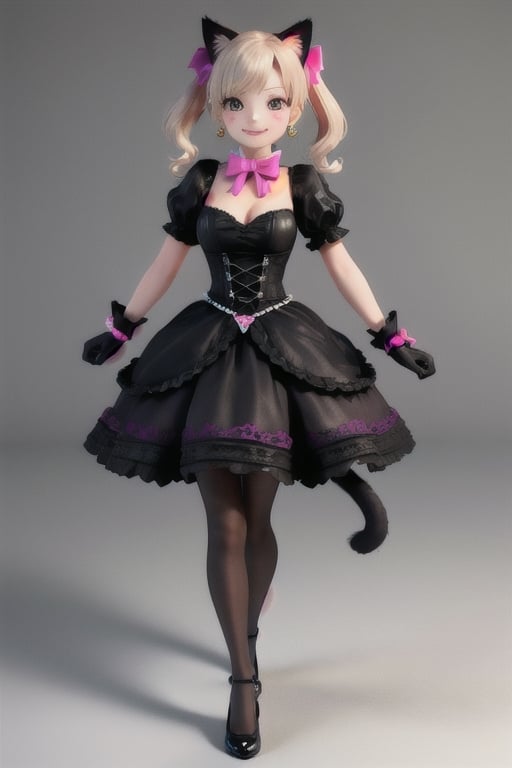 masterpiece, best quality, highres,twintails, hair bow, animal ears, whisker markings, heart earrings, cat tail, bowtie, pink bow, cleavage, gothic, black dress, short sleeves, puffy sleeves, black gloves, purple skirt, argyle, pantyhose skirt,, smile,3D, aahana